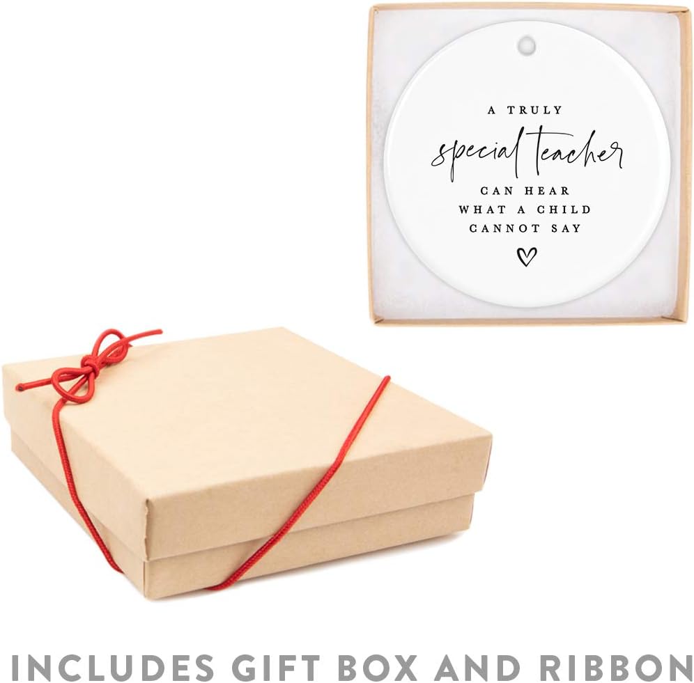 Andaz Press Round Ceramic Porcelain Christmas Tree Ornament for Teacher Thank You Appreciation Gift, A Truly Special Person Can Hear What a Child Cannot Say, Heart Graphic, 1-Pack Autism Therapist