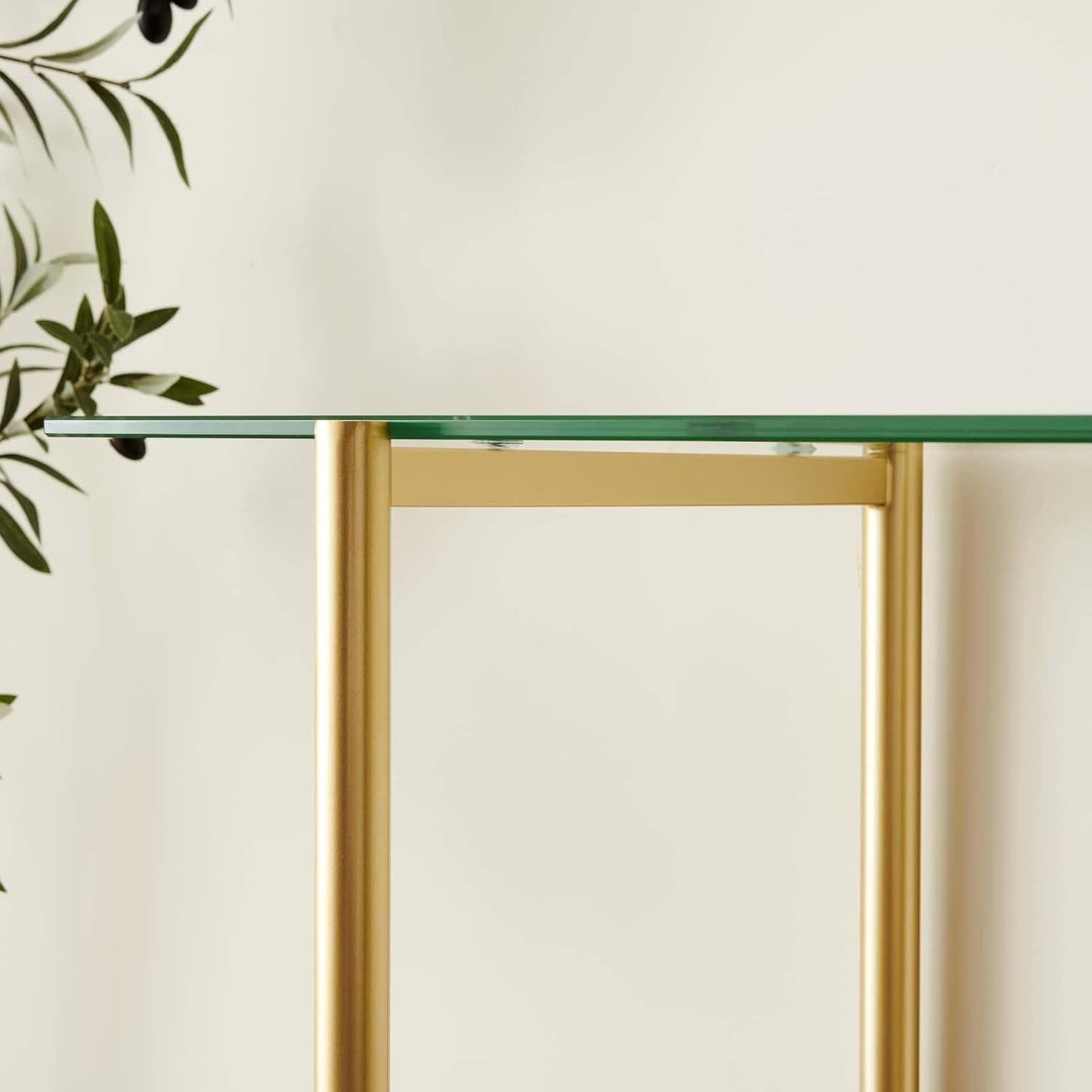Glass Console Table for Living Room, Foyer & Entrance, 2-Tiers Mid-Century Modern Sofa Table with Clear Glass Top, Walnut Finish Wood Top and Gold Finish Metal Frame