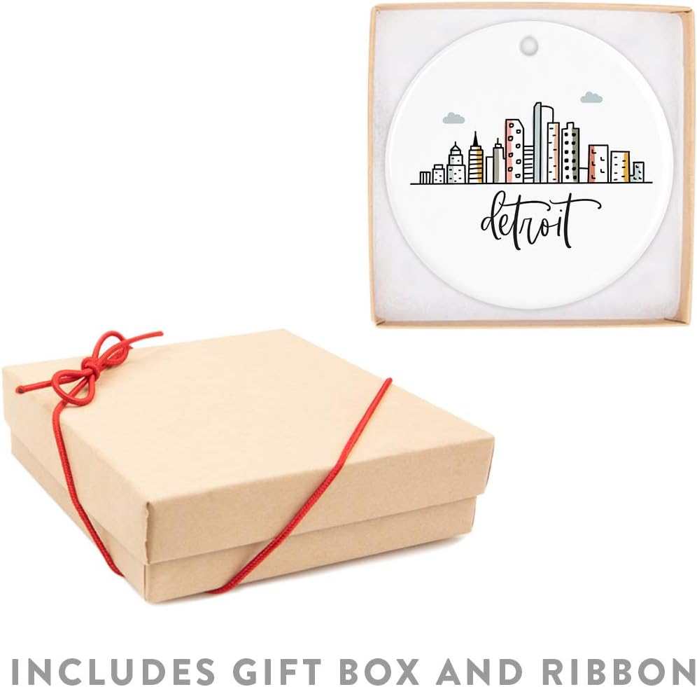 Andaz Press Round Ceramic Porcelain Christmas Tree Ornament Keepsake, Detroit Colorful City Skyline Graphic, 1-Pack, Birthday Gift Ideas Family Coworker Him Her, Includes Gift Box