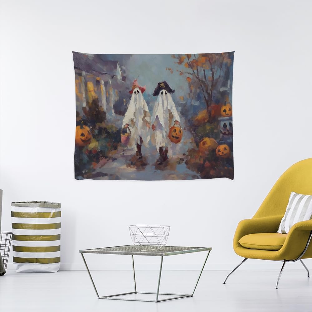 Funny Halloween Ghost Tapestry Wall Hanging Cute Kids Nursery Room Decor Trick or Treat Art Print Goth Fall Pumpkin Ghost Tapestries for Living Room Bedroom wall Decor 70x90inch