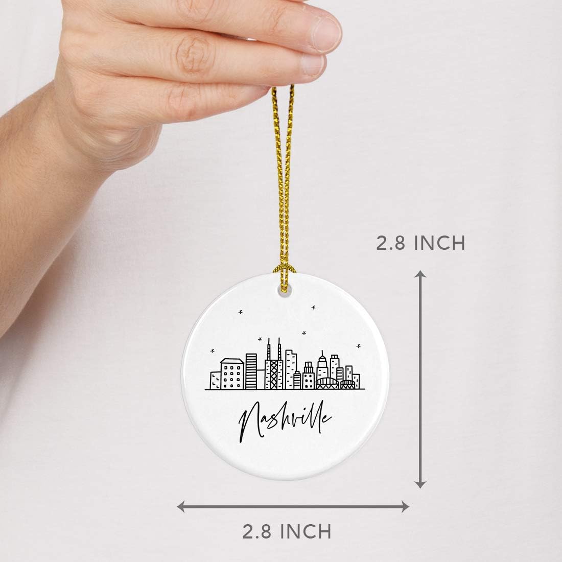 Andaz Press Round Ceramic Porcelain Christmas Tree Ornament, Nashville Black and White Stars City Skyline, 1-Pack, Birthday Ideas for Family Coworker, Christmas Ornament