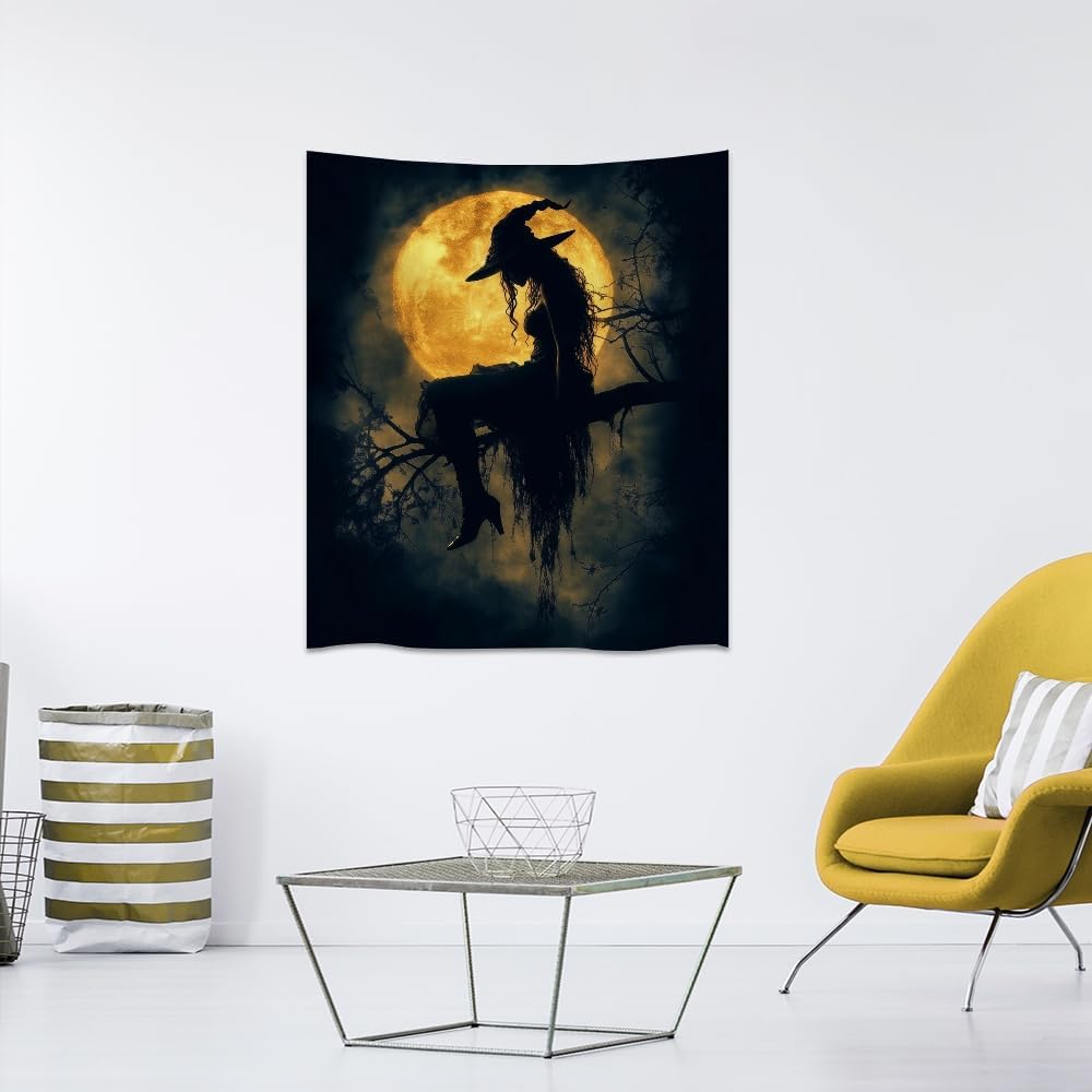 Halloween Witch Tapestry Wall Art Witchcore Moon Aesthetic Print Dark Academia Gothic Tapestries Wall Hanging Horror Ghost Halloween Party Decor for Home Living Room Bedroom 70x90inch