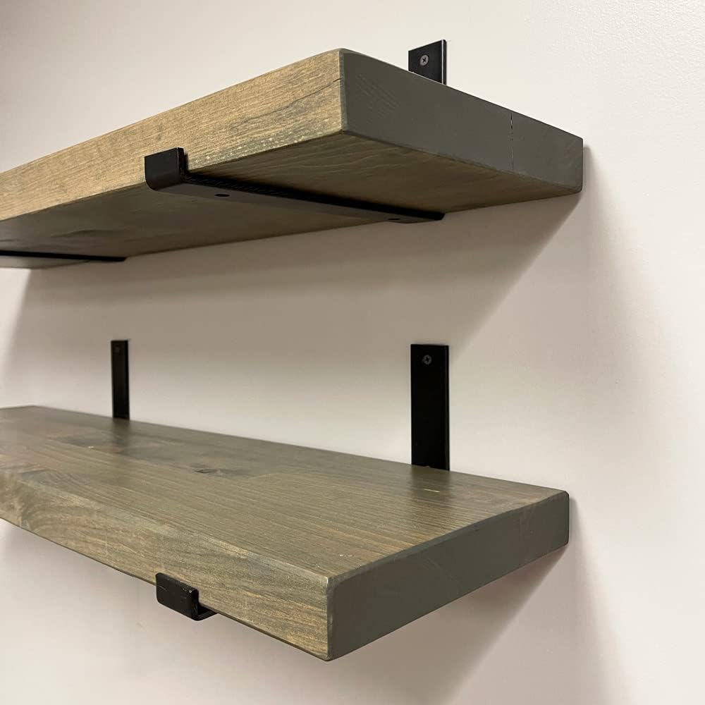 Rustic Shelves with J-Brackets Set of 2, Industrial Shelf, Kitchen Shelves, Solid Wood, Decorative Wall Storage, Heavy Duty, URBANDI (Grey, 12Wx8D)