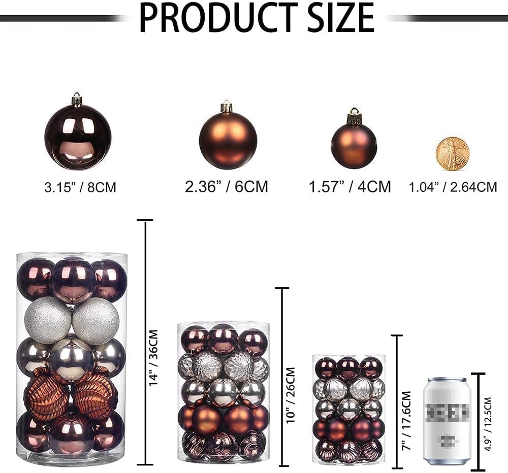 XmasExp 24ct Christmas Ball Ornaments Shatterproof Christmas Ornaments Set Decorations for Xmas Tree Balls(1.57''/40mm, Brown and Champagne)