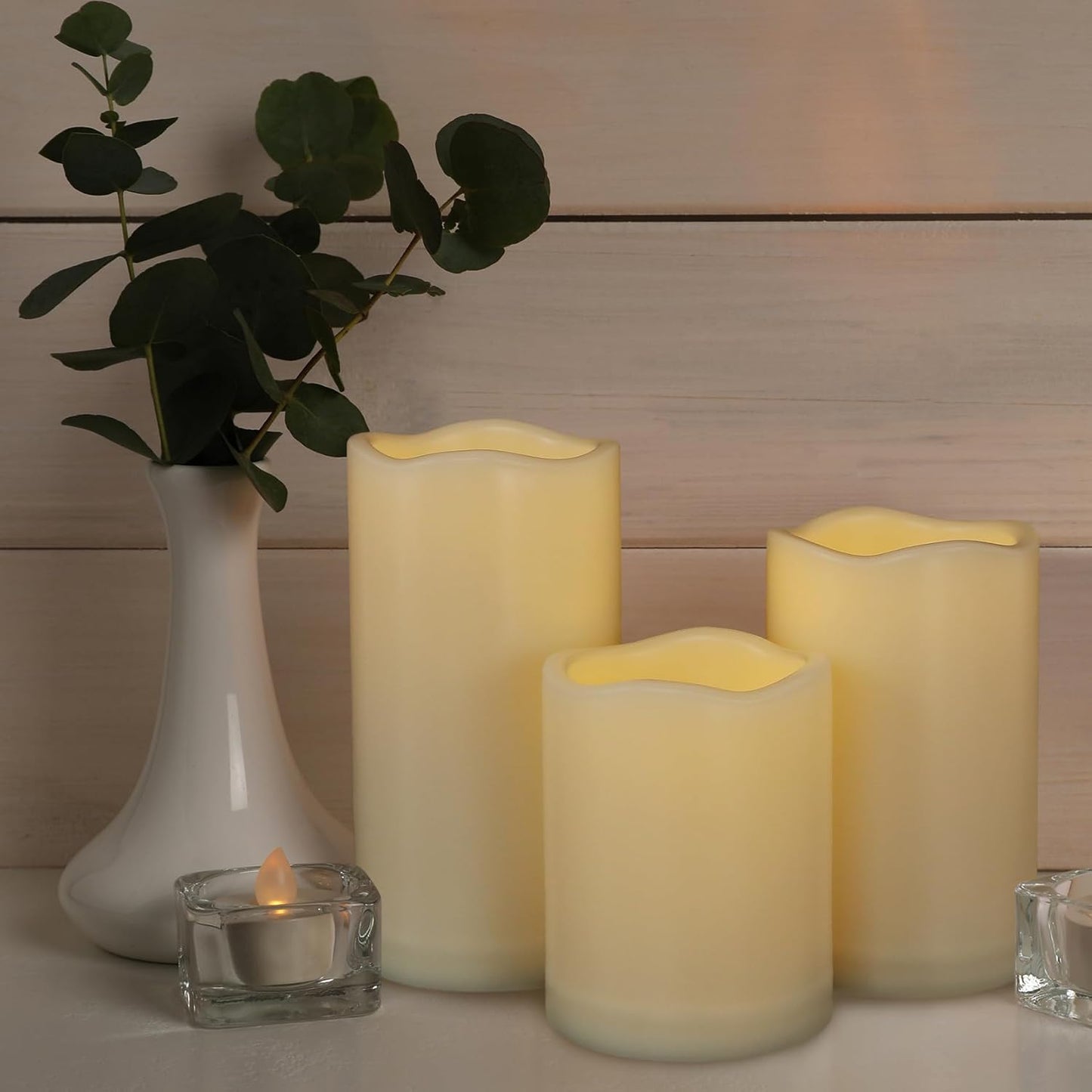 Battery Operated Candles Flickering Flameless Candles with Remote and Timer, Waterproof Outdoor LED Pillar Flameless Candles for Home Wedding Decor, Ivory Plastic, D 3" x H 4" 5" 6"