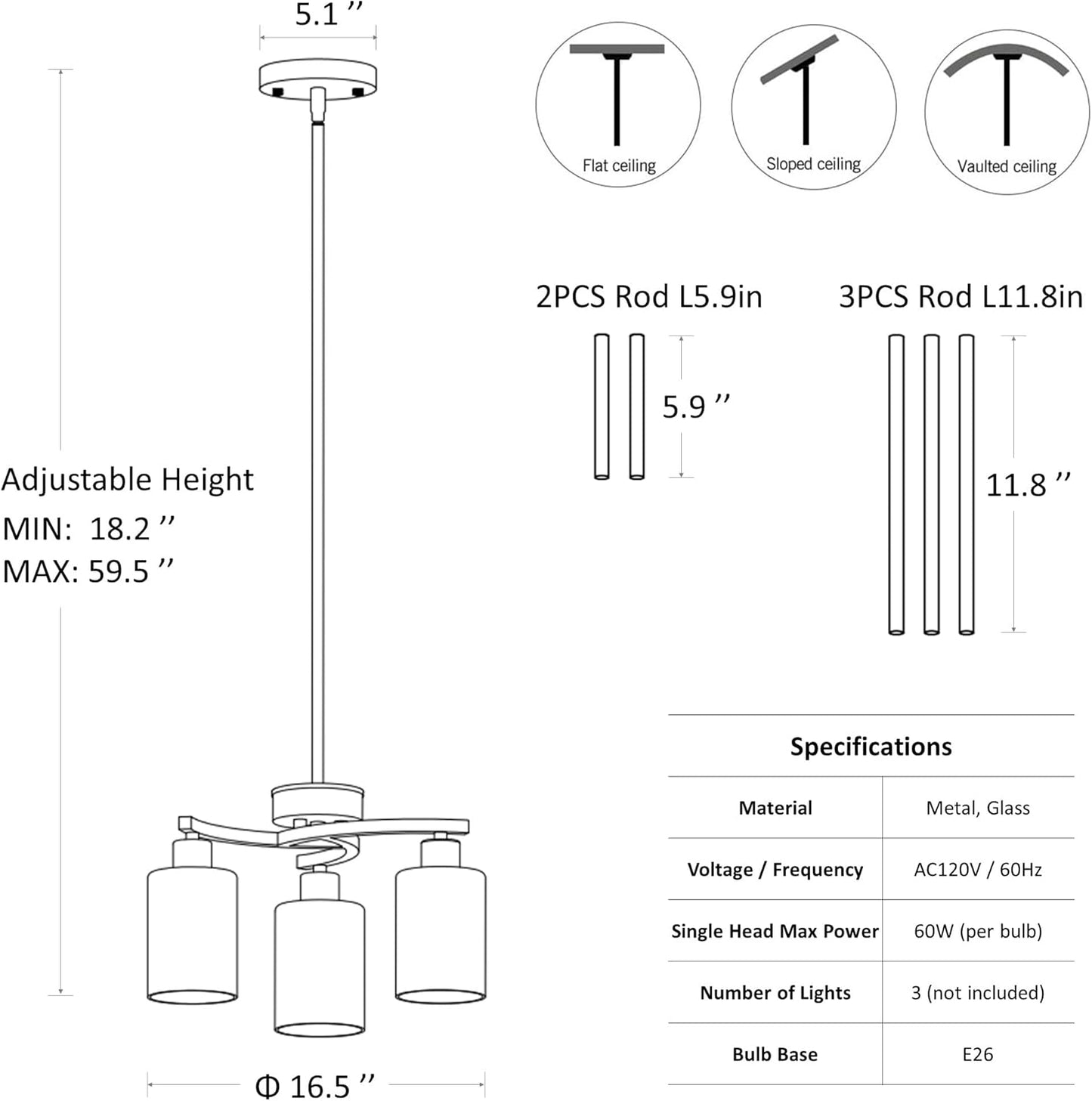 3-Light Modern Farmhouse Black Pendant Lights Kitchen Island, Adjustable Height Contemporary Chandeliers for Dining Room Light Fixture Hanging, Clear Glass Shade