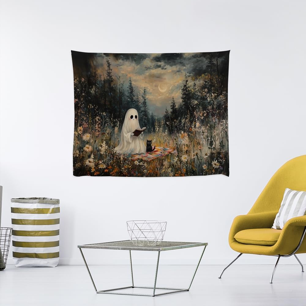 Halloween Ghost and Black Cat Tapestry Wall Hanging Spooky Ghos Reading Book in Wildflowers Wall Decor Halloween Witchy Room Aesthetic Tapestries for Goth Living Room Bedroom Decoration 30x40inch