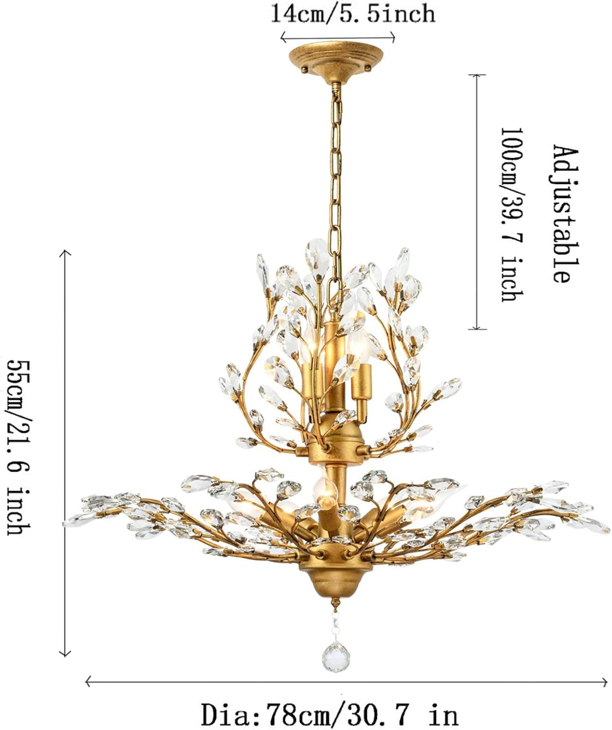 Ganeed Crystal Chandeliers,Vintage Pendant Lighting Crystal Chandelier Lighting Fixtures with 8 Lights,Ceiling Light Fixture for Living Room Bedroom Restaurant Porch Hallway (Gold)