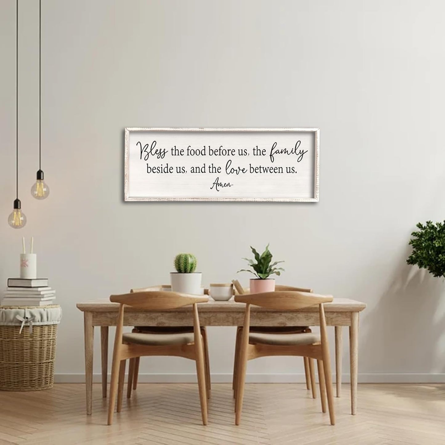 Bless the Food Before Us Sign Wall Decor 40"X15" Large Farmhouse Dining Room Wall Decor Framed Wood Rustic Home Wall Art Kitchen Decoration (White)