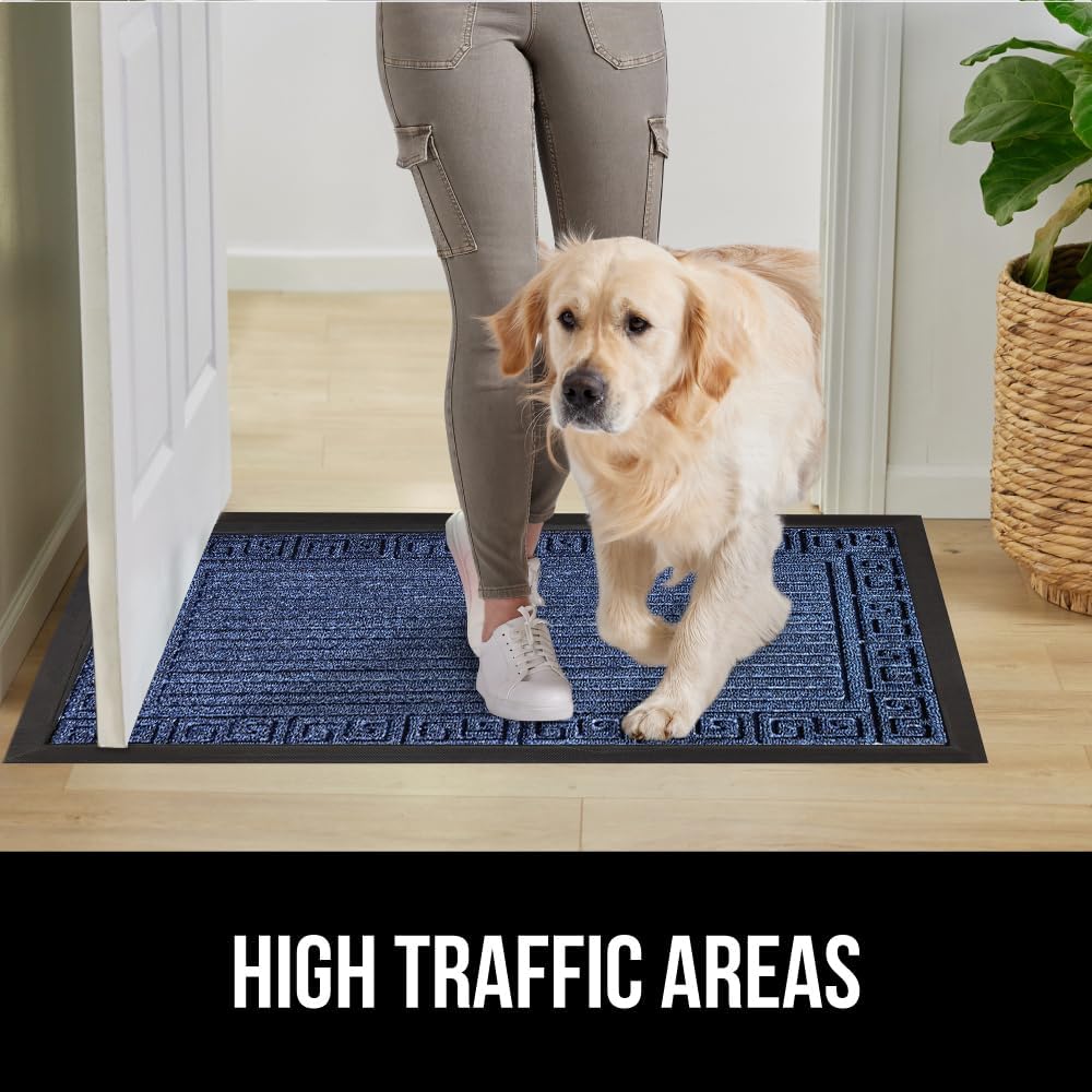 GORILLA GRIP 100% Waterproof All-Season WeatherMax Doormat 35x23, US Designed Natural Rubber, Stain and Fade Resistant, Low Profile Indoor Outdoor Door Mats, Easy Clean Patio Mat, Navy Greek Keys