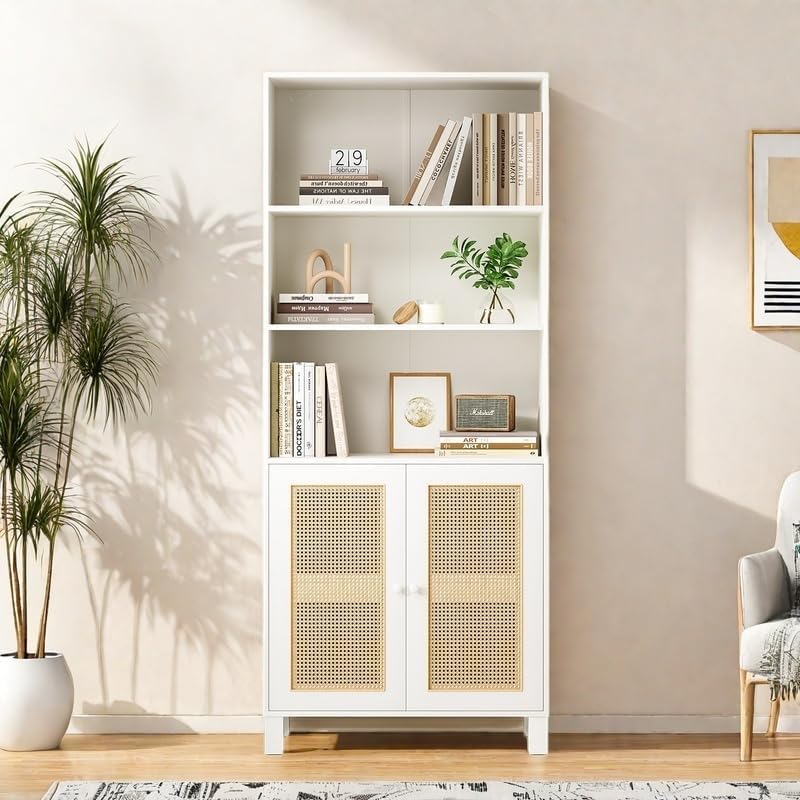 Tall Bookshelf, 5-Tier Book Shelf with 2 Rattan Doors, Freestanding Bookcase Display Shelves with Large Storage, Book Case for Living Room, Office, Study, Bedroom, 70.9 Inch