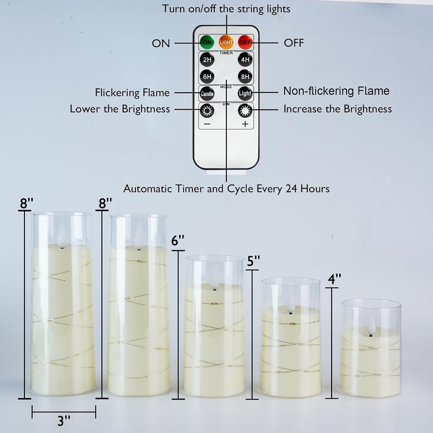 Homemory Flameless Candles with Embedded Star String Fairy Lights, Battery Operated Candles, LED Candle, Fake Candles with Remote Control and Timer, Ivory, Set of 5(H4 5" 6" 8" 8")