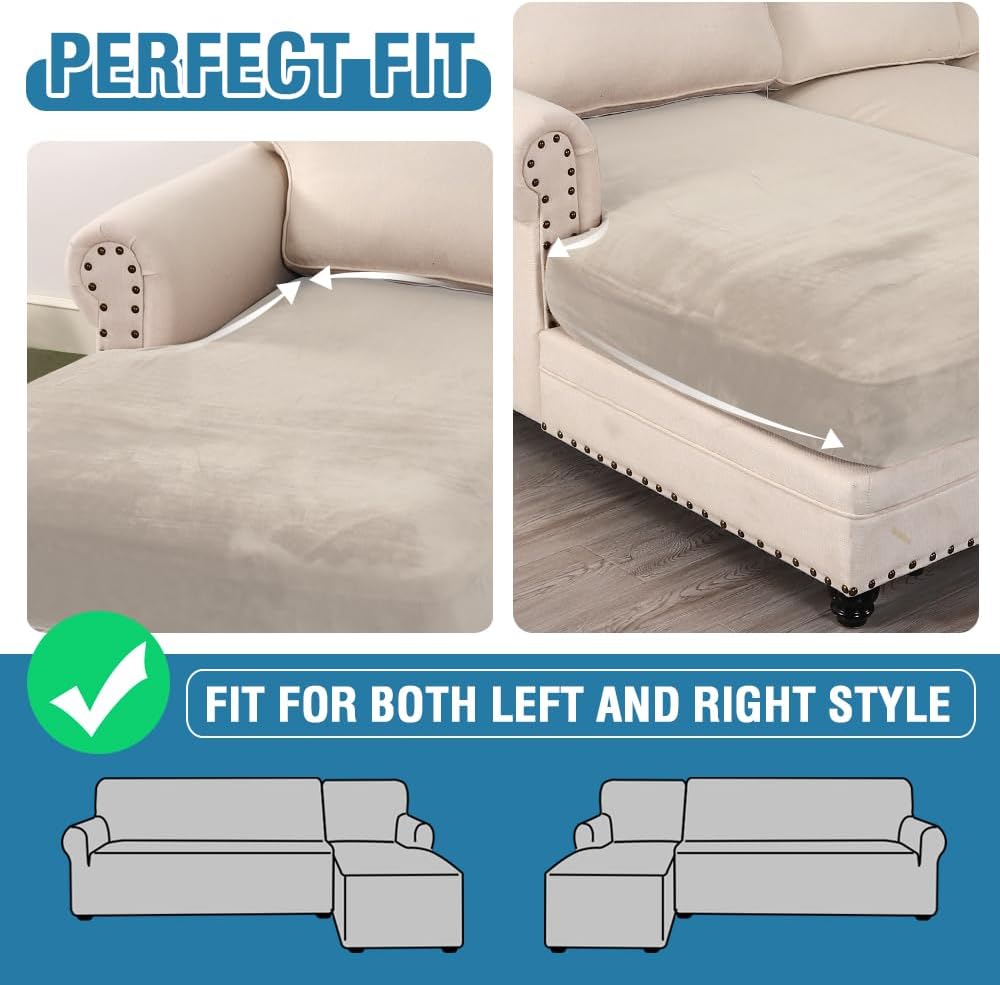 H.VERSAILTEX Velvet Stretch Individual Chaise Cover Sectional Couch Covers for L Shaped Sofa Both Left/Right Furniture Protector Seat Cushion Sofa Cover (1 Piece Chaise Cover, Oatmeal)