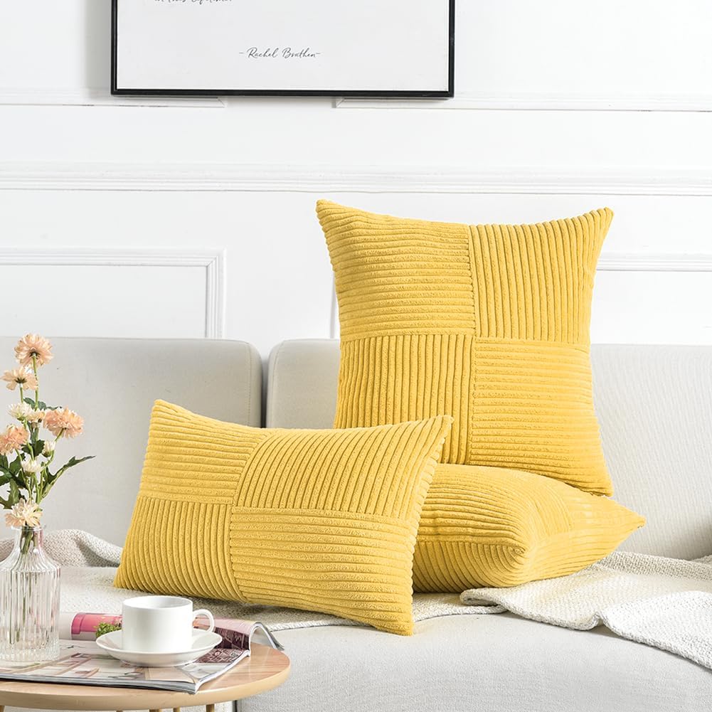 Fancy Homi 2 Packs Yellow Euro Decorative Throw Pillow Covers 26x26 Inch for Couch Bed Sofa, Rustic Farmhouse Boho Home Decor, Soft Corss Corduroy Patchwork Textured Square Cushion Case 66x66 cm