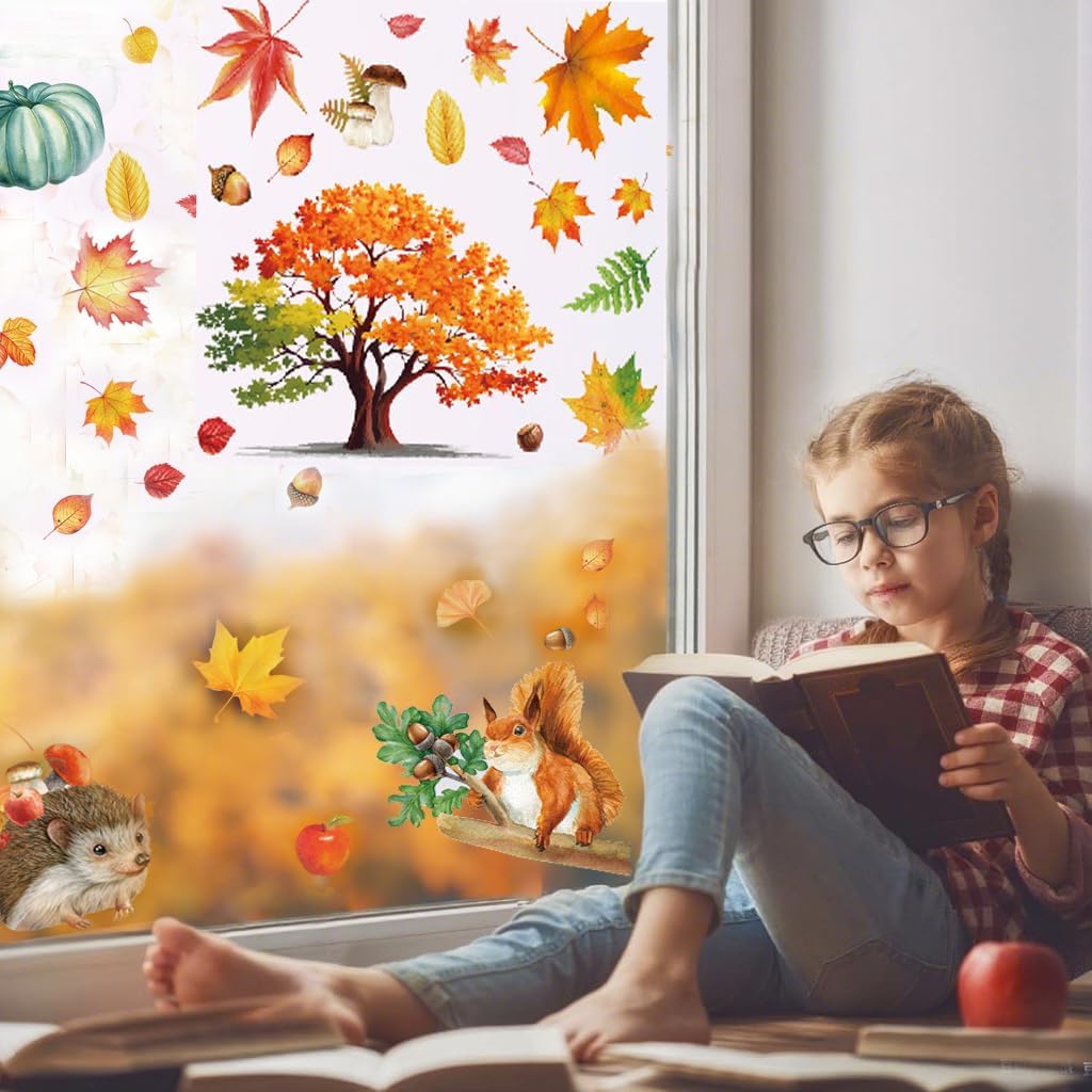 Fall Window Clings 9 Sheets Large-Size Window Clings for Glass Windo Decoration Autumn Leaves Animals Woodland Home Bedroom Nursery Room Windo Decals