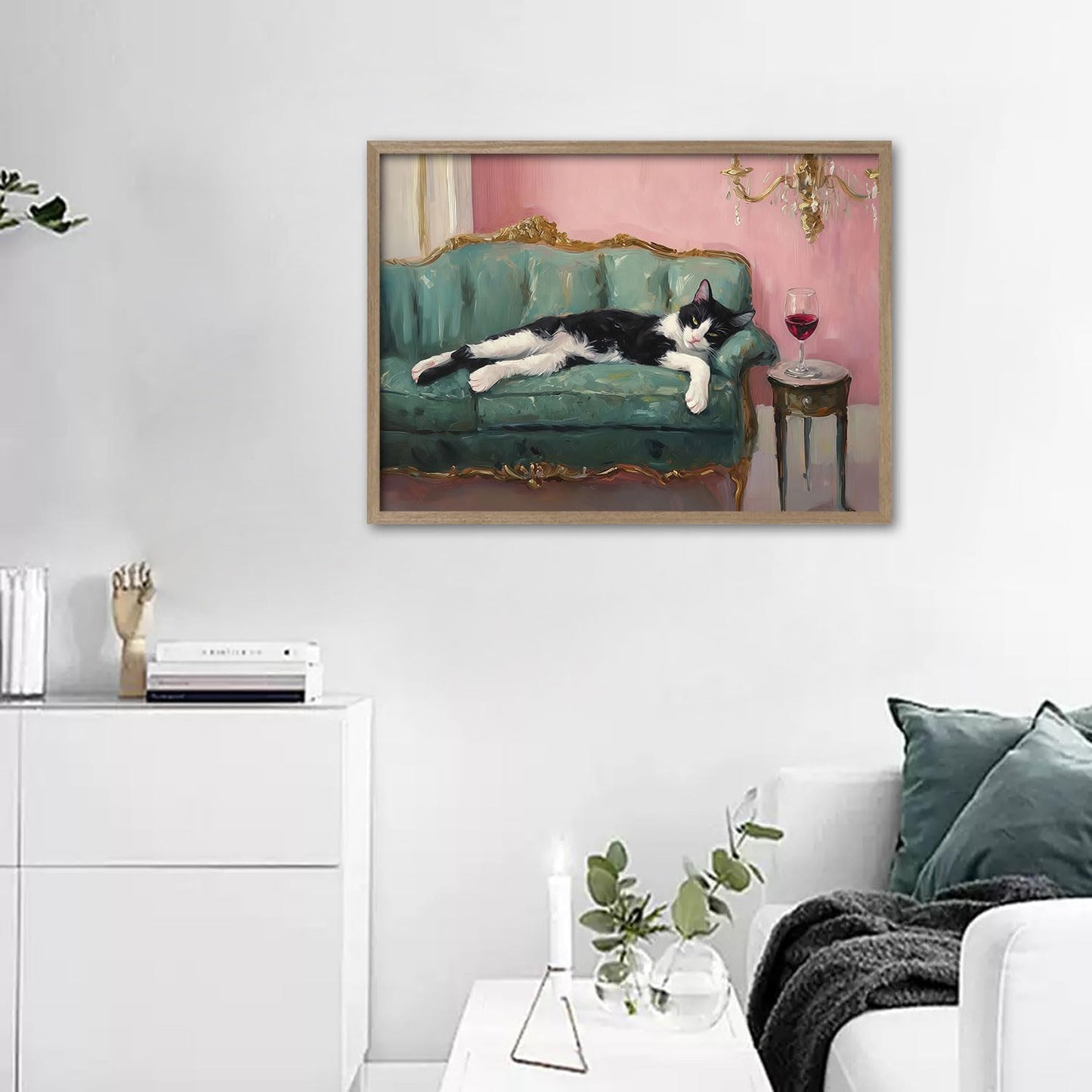 Wooden Framed Black And White Cat Wall Art Modern Style Canvas Print Lazy Persian Cat Poster Picture Decoration Painting Gallery Style Artwork Suitable For Living Room Bedroom Decoration 12x16 Inch