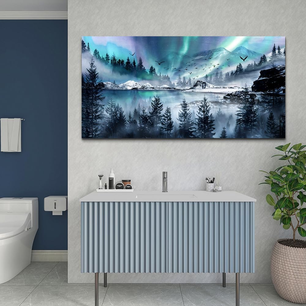 hyidecorart Large Wall Decorations For Office Canvas Wall Art For Living Room Stretched And Framed Canvas Prints Paintings Blue Aurora Scenery Wall Pictures Artwork Ready To Hang Hotel Mural 48x24