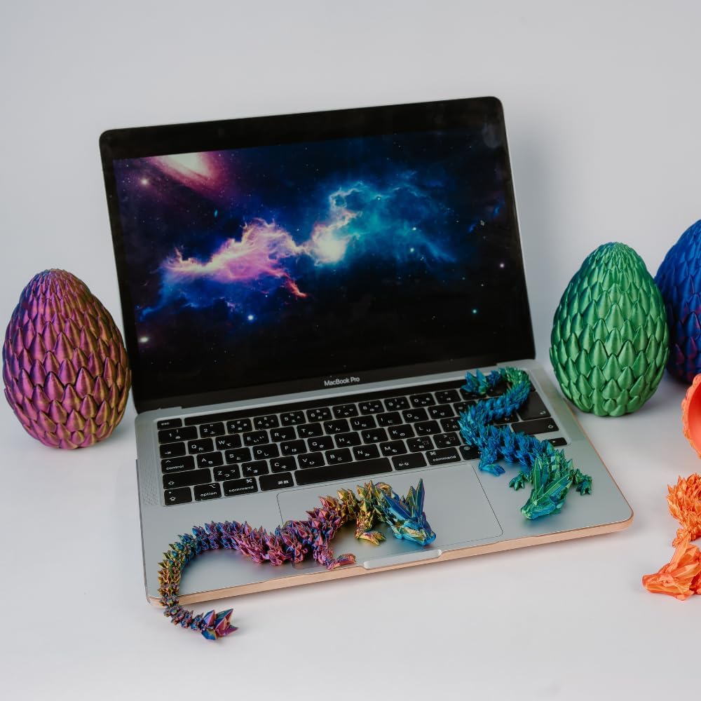 3D Printed 12” Articulated Crystal Dragon Inside 5.1” Egg – Fantasy Collectible, Fidget Toy & Stocking Easter Basket Stuffers for Home & Office Decor (Multicolor).
