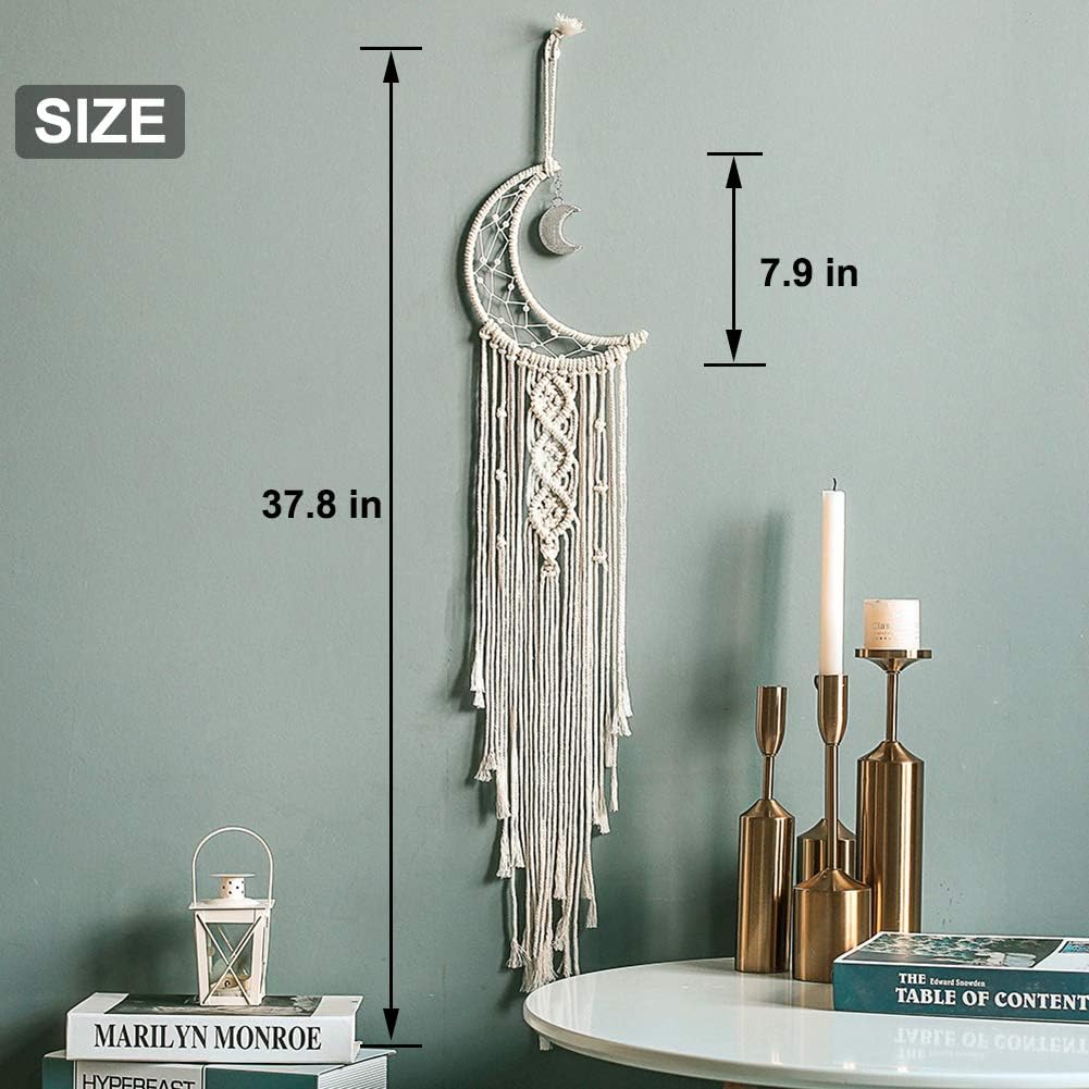MOONFLY Dream Catcher with Handmade Moon Star Design Woven Cotton Dream Catchers Boho Macrame Wall Hanging Home Decoration Ornament Craft Gift (White Moon)