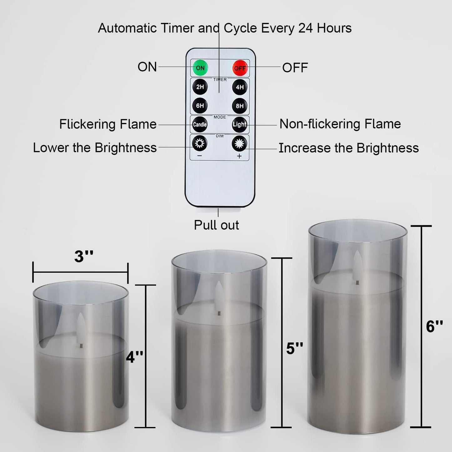 Amagic Grey Glass Flameless Candles, Halloween Battery Operated Candles, LED Pillar Candles with Remote Control and Timer, Electric Fake Candles for Holiday Spooky Decor, Wax, D3 H4 5" 6", Set of 3