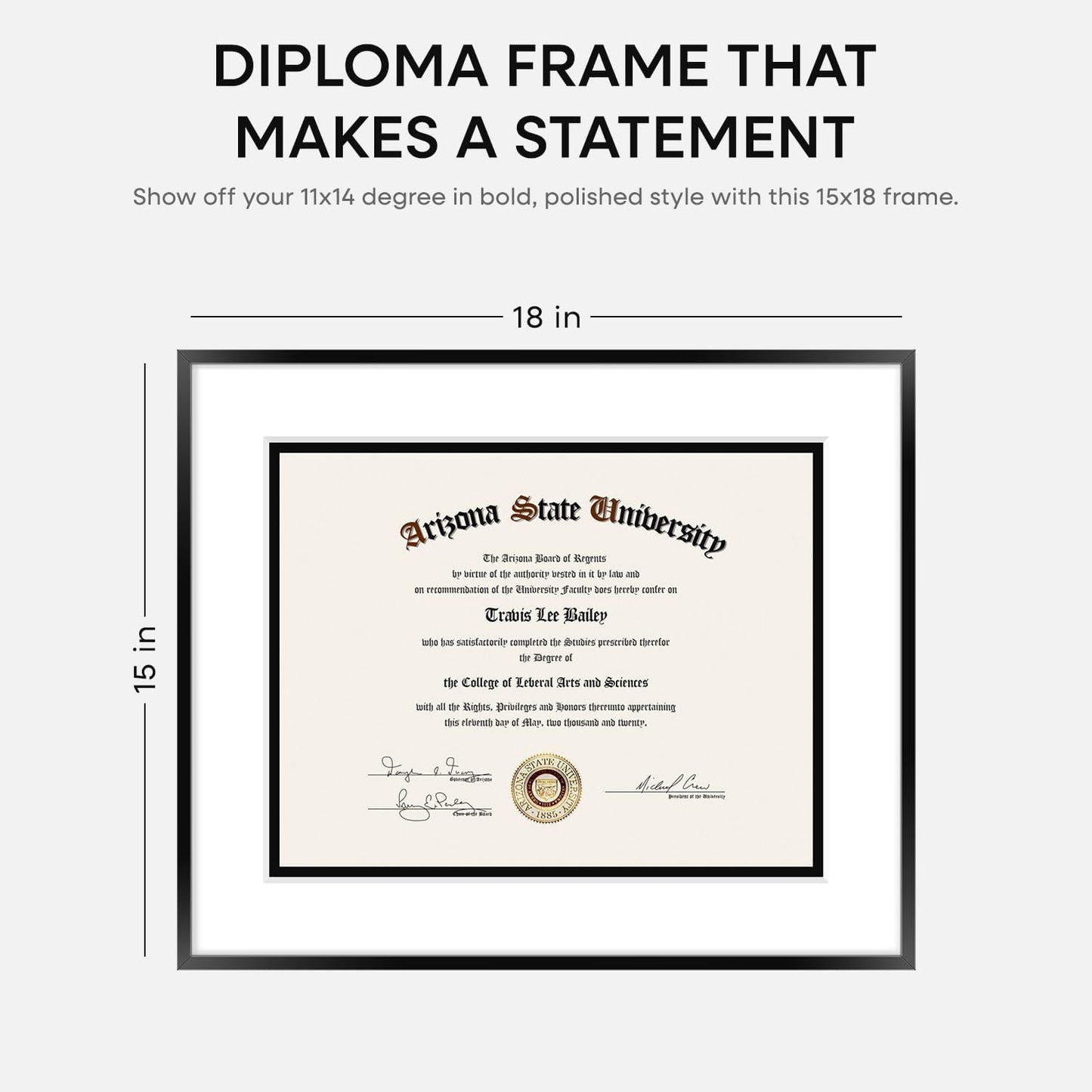 Homeforia 15x18 Diploma Frame Black, High End Metal 15 x 18 Black Certificate Frame with Mat 11 x 14, 18x15 Document Frame Matted to 11x14, Graduation Degree Frames, Tempered Glass, Wall Kit, Set of 1