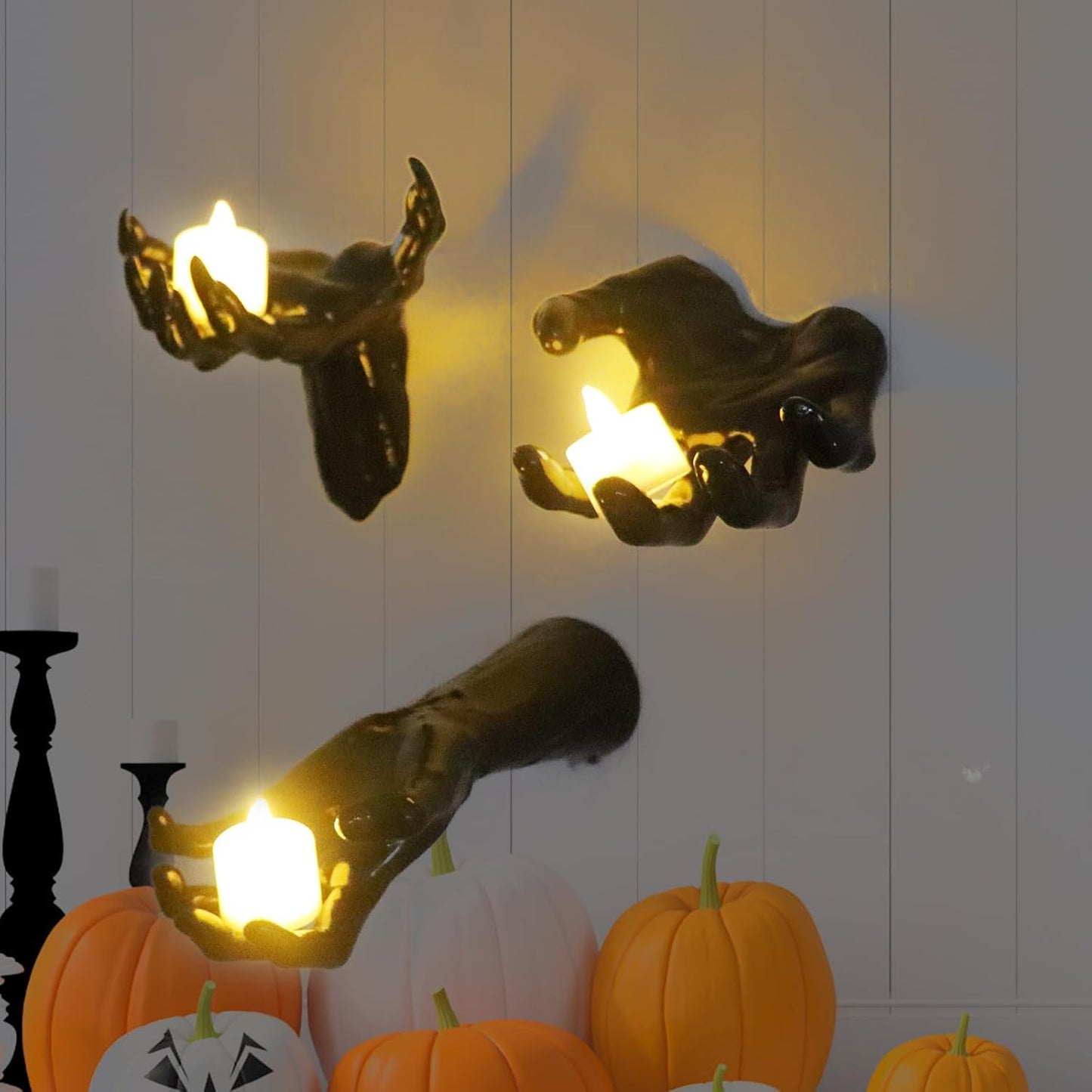 Halloween Decorations, 3 Pack Wall Mounted Creepy Reaching Hands with LED Candles, Life-Sized Horror Wall Hands for Gothic Wall Decor Outdoor/Indoor (Style 2)