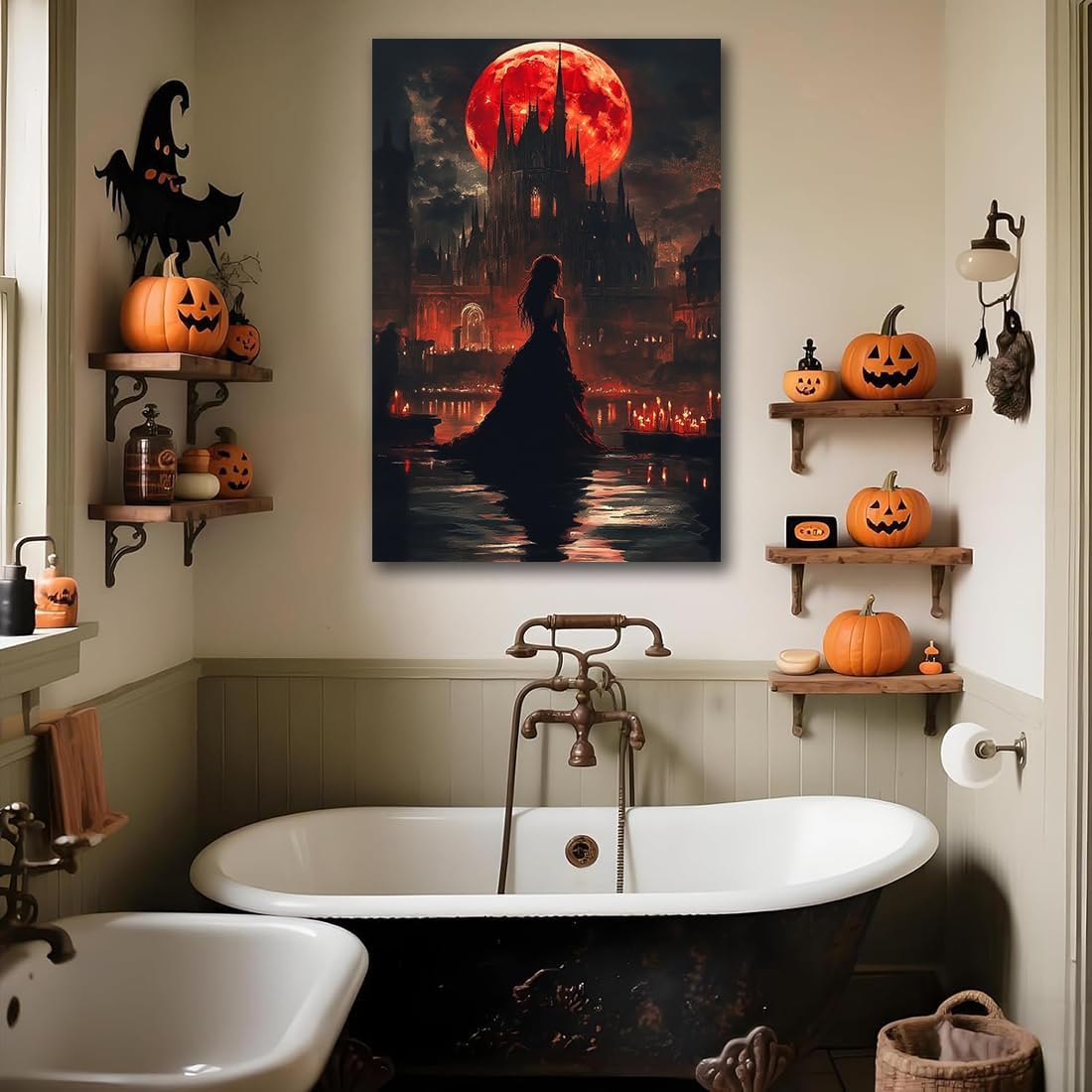 Halloween Witch Poster Canvas Prints Art Vintage Decor,Red Castle Blood Moon and Witch Scene Gothic Painting,Rustic Dark Academia Wall Art for Bathroom Spooky Living Room Wall Decor,20"x30" Unframed