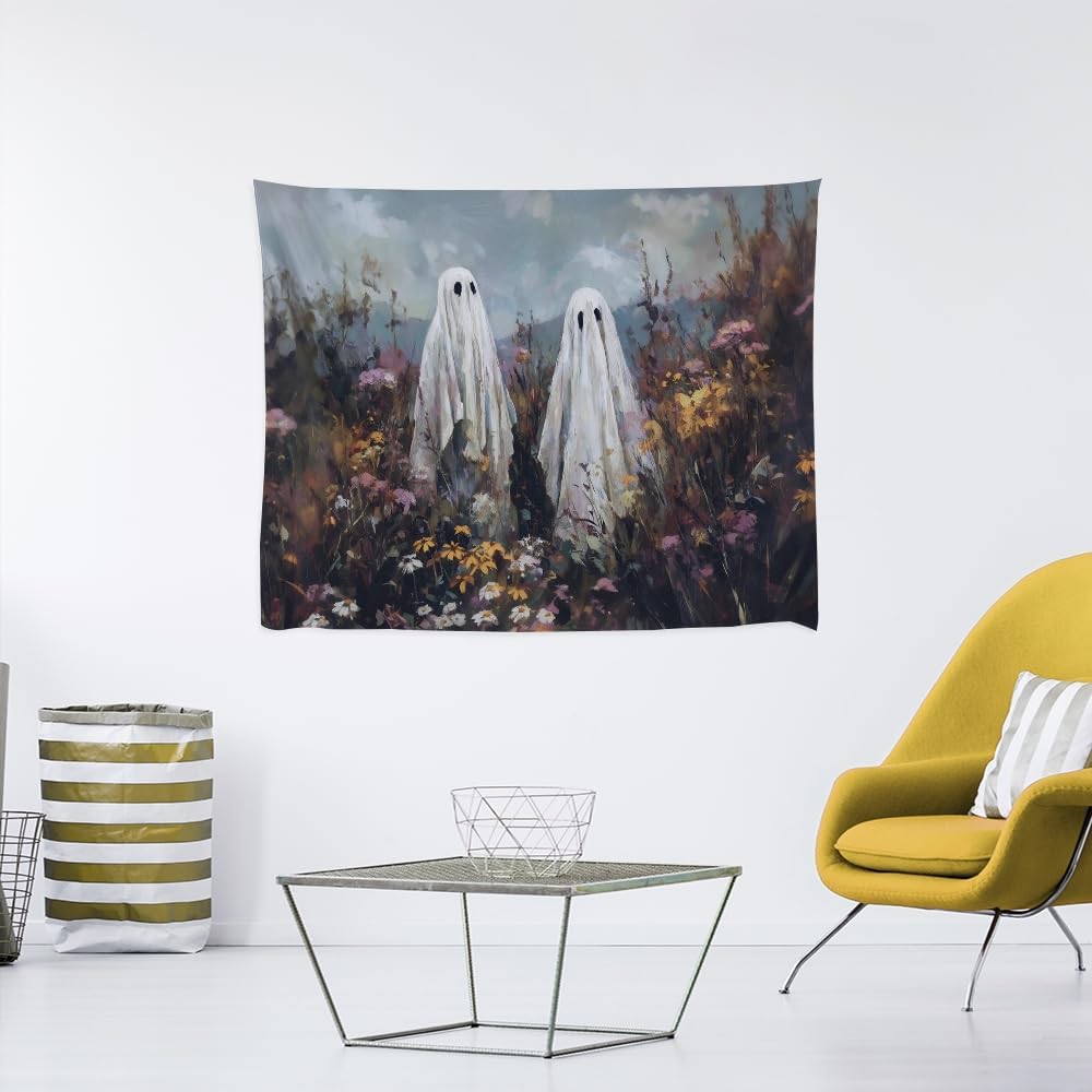 Halloween Ghosts in Wildflowers Tapestry Wall Hanging Spooky Cute Ghost Floral Tapestries Victoria Moody Artwork Aesthetic Print for Goth Living Room Bedroom wall Decor 60x80inch