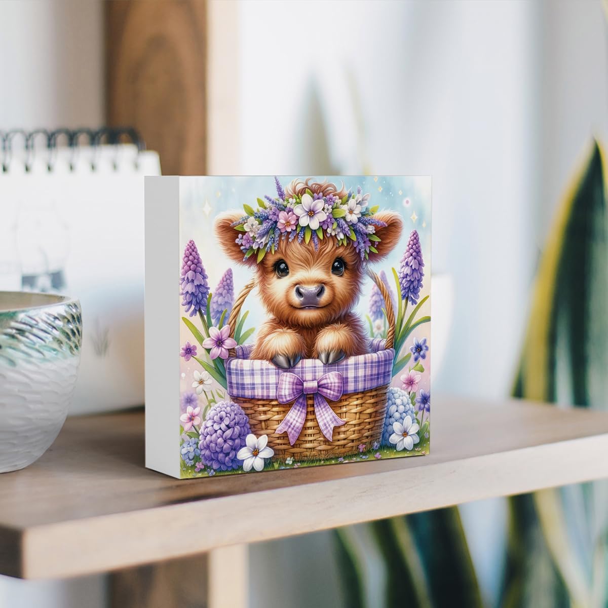 Highland Cow Hyacinth Flowers Decor, Highland Cow Bathroom Decor, Highland Cow Baby Decor, Highland Cow Nursery Decor, Wooden Box Decor Sign for Home Farmhouse Office Living Room Table Shelf Tiered