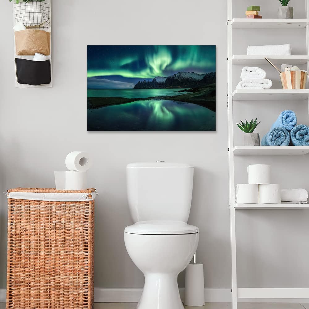 Aurora Borealis Wall Art Painting for Office Bedroom Scenery Landscape Canvas Print Framed Picture Northern Lights Poster Artwork Ready to Hang (20.00"x30.00")