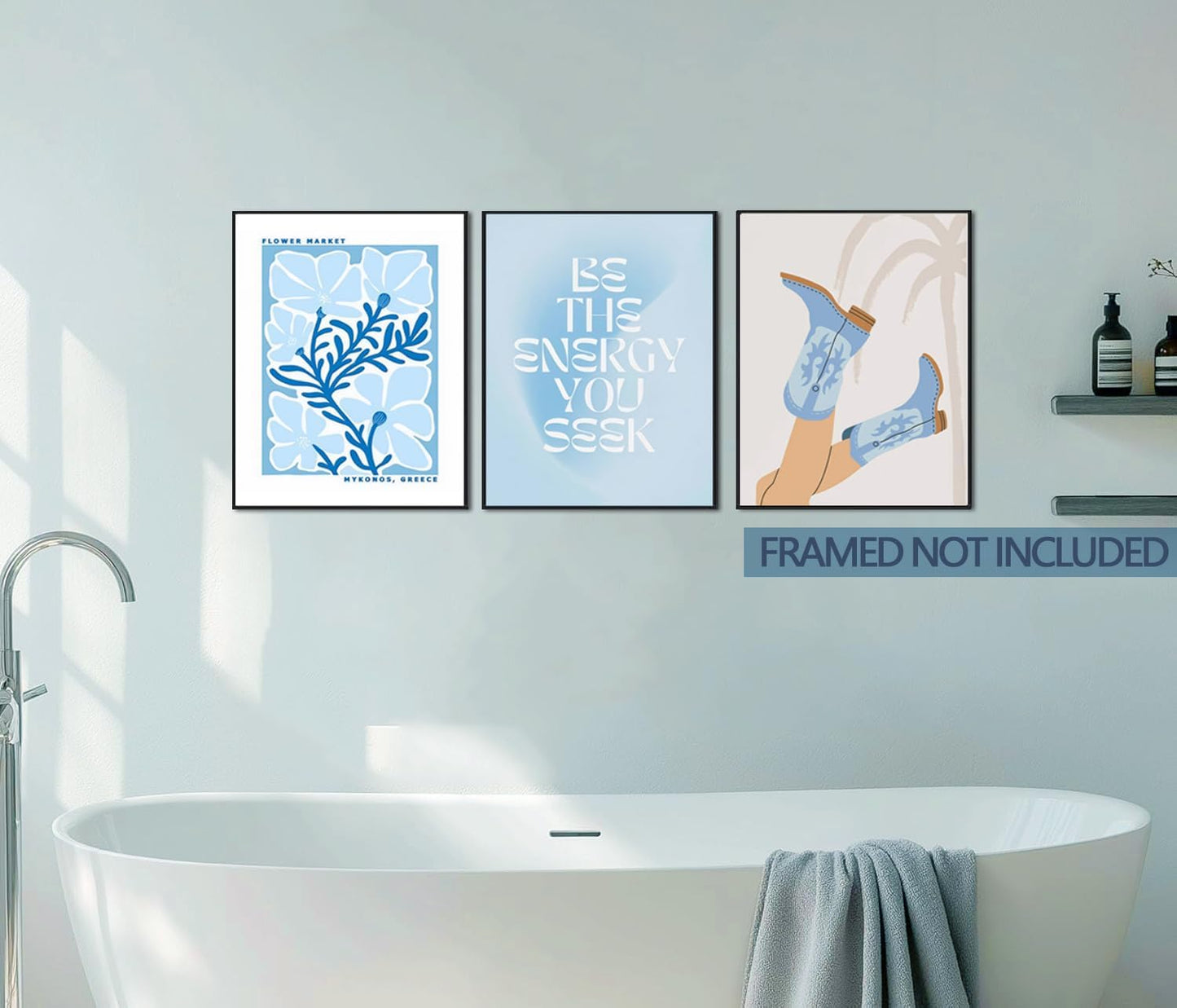 Blue Preppy Canvas Wall Art Posters Set of 3 Trendy Cowgirl Boots Home Decor Flower Market Painting Prints Coastal Aesthetic Picture for Girls Bedroom Bathroom Living Room Dorm 12x16Inch Unframed