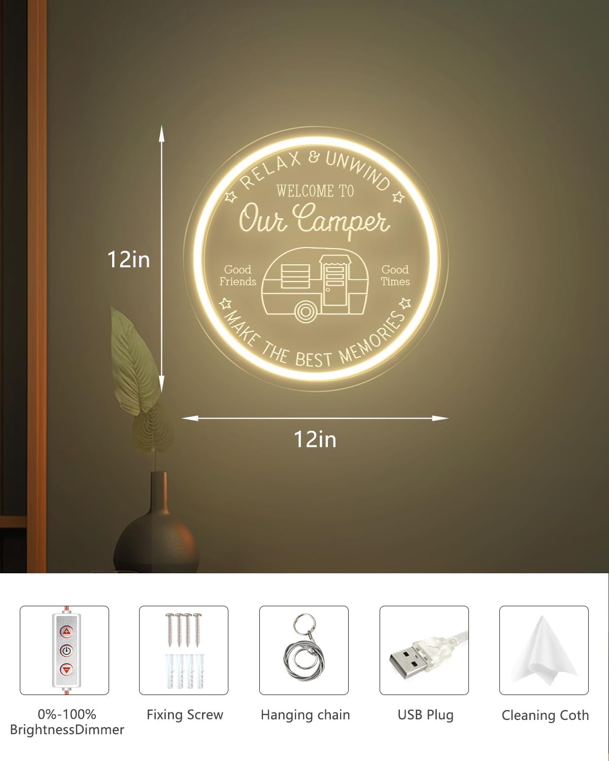 Camper LED Neon Sign for Camping Party Decor, Dimmable Neon Wall Lights Signs for Backyard Patio Garden BBQ Touring Car Decoration, 3D Art Light Up Sign for Housewarming Birthday Gifts