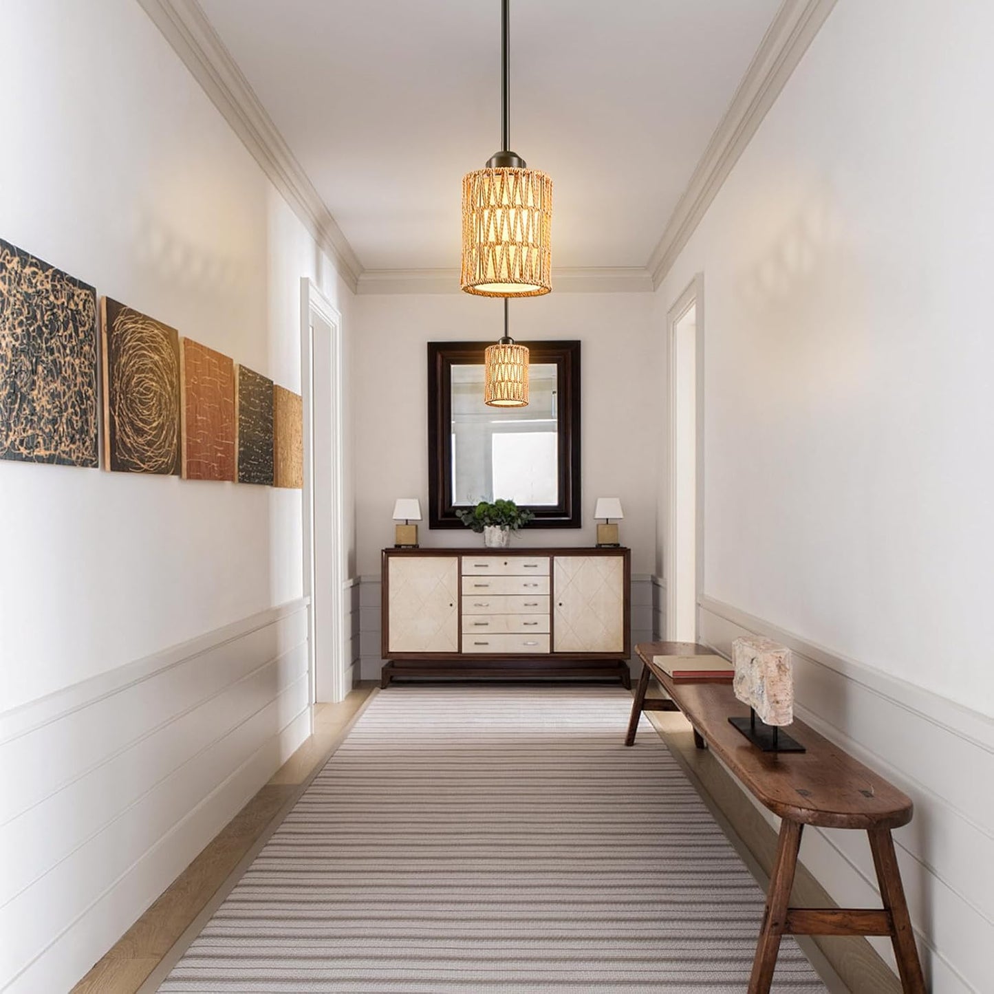 Pendant Light Boho Hanging Lamp - Rattan & Linen 2-in-1 Shade, Adjustable Hanging Lights Fixture for Kitchen Island, Dining Room, Farmhouse, Bedroom (3 Pack)