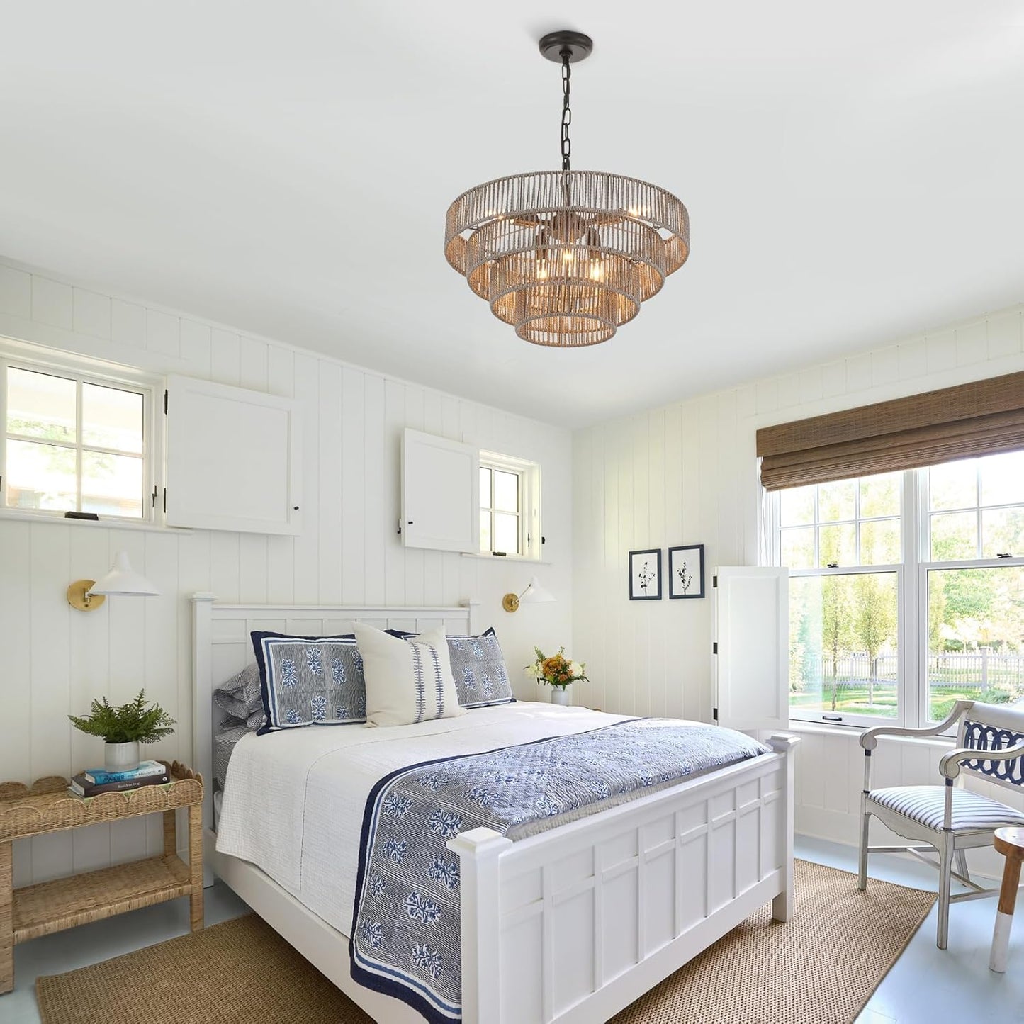 20” Hand-Woven Rattan Chandelier 6-Lights Transitional Minimalist 4 Round Boho Large Coastal Pendant Light for Kitchen Island Dining Room Living Room Hallway, Gray, UL Listed