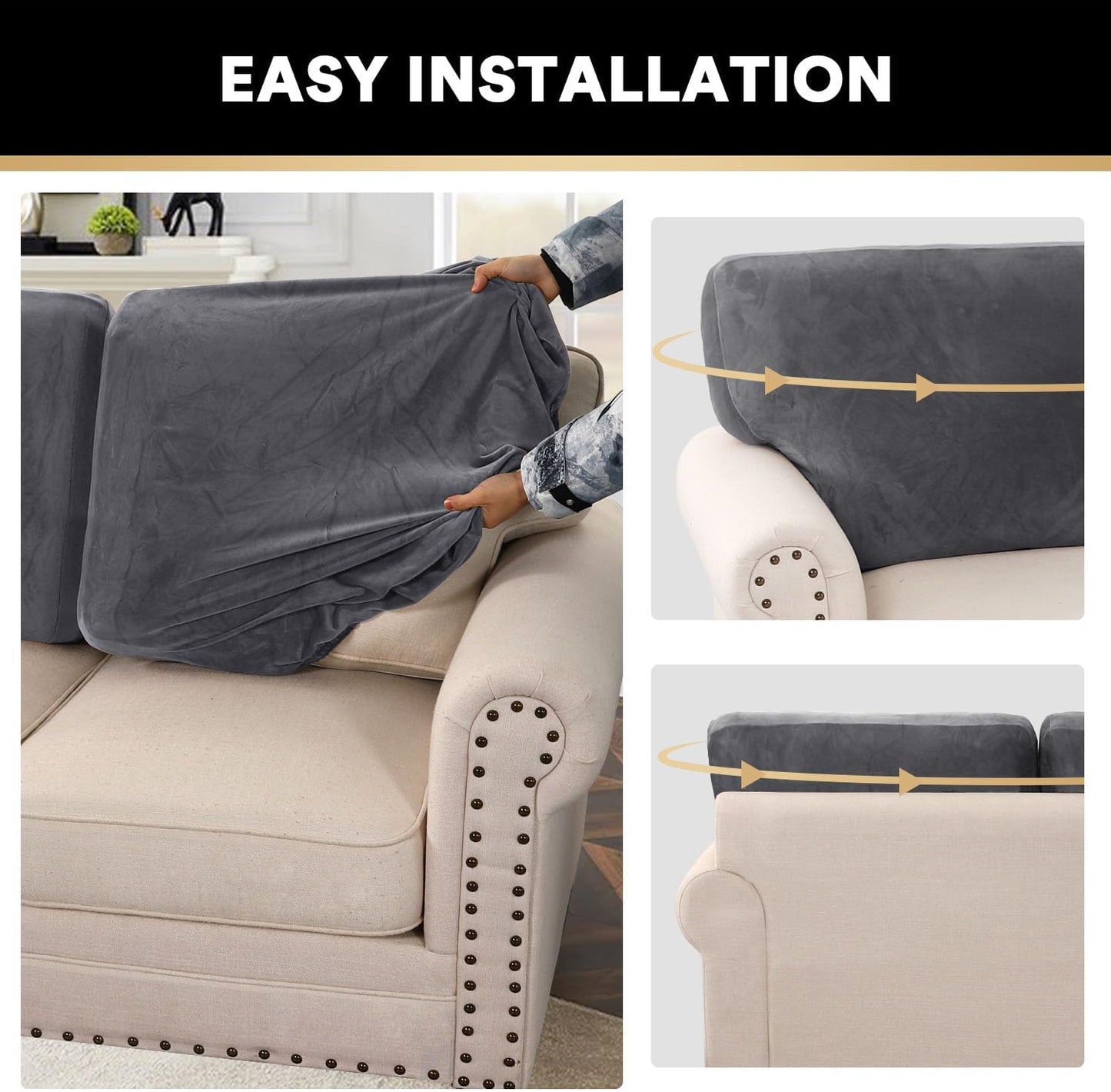 PrinceDeco Sectional Couch Covers Velvet Cushion Covers for Sectional Couch Cushion Covers for Sectional Sofa Separate Sectional Sofa Slipcovers Washable(1 Chaise Back+ 2 Sofa Back,Grey)