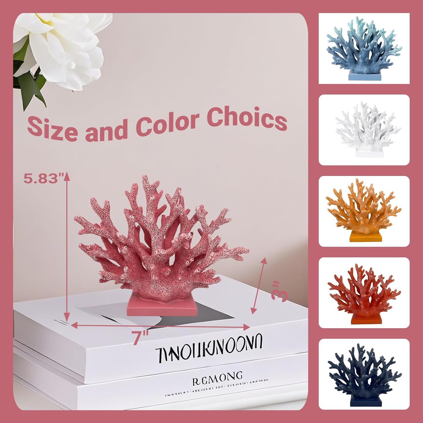 5.8" H Pink Coral Decor - Resin Coral Statue, Nautical Decor for Home, Bedroom, Bathroom, Living Room, Ocean Themed Cabinet Shelf Tabletop Decoration