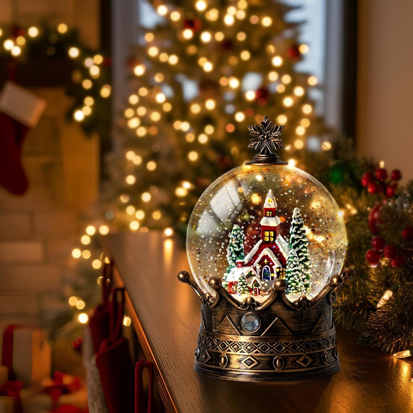 Christmas Snow Globe Lantern Water Glittering Churche Crown with Music, USB Lined/Battery Operated Lighted Lantern for Christmas Festival Decoration Gifts