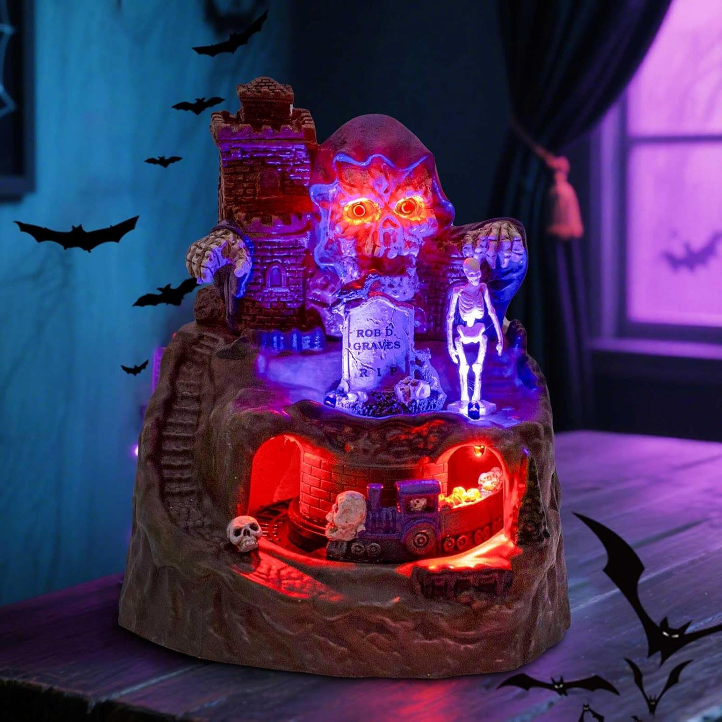 innodept12 Animated Halloween Small Village House - Moving Train and Skull Ghosts Tombstones Figurines with Pre-Lit Spooky Voice, Battery Operated, Not Including