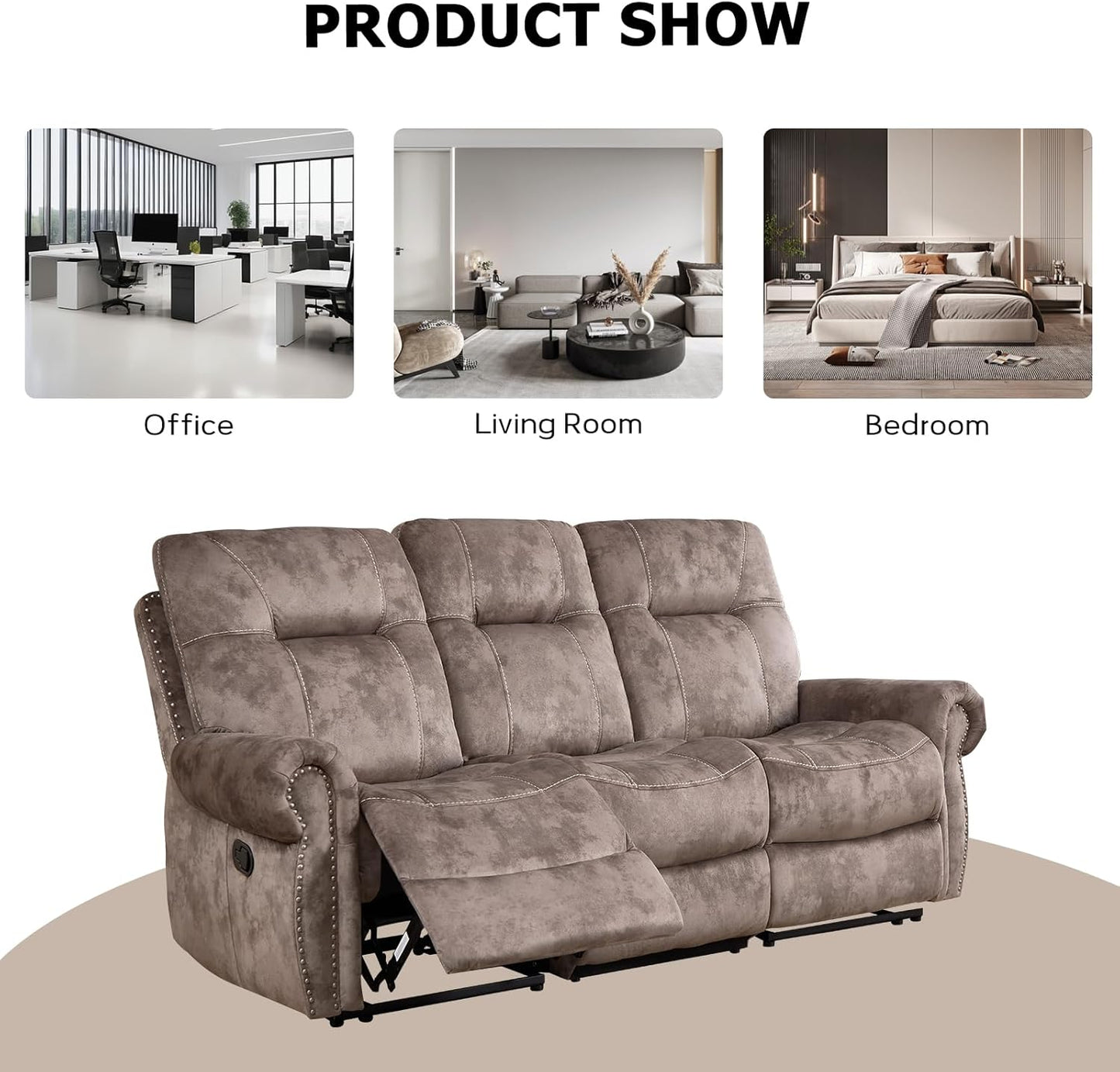 EBELLO 2 Pieces Manual Reclining Couch Furniture Set for Living Room, 2 Seat Loveseat and a 3 Seater Sofa, Vintage Rivet Mid-Century Design for Living Room, Brown