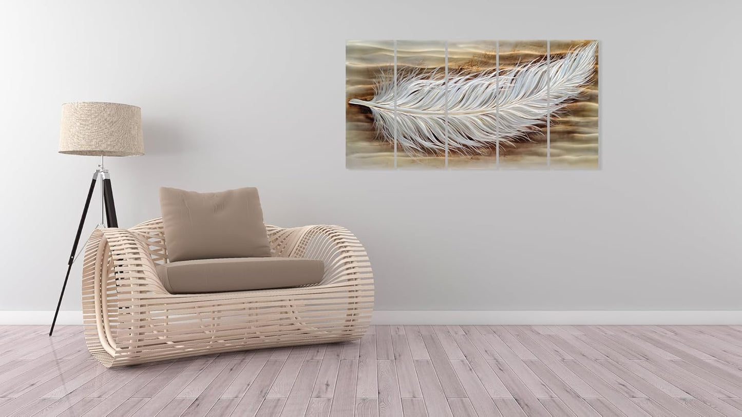 Yihui Arts Rustic Metal Wall Art - Feather 3D Aluminum Still Life Sculpture for Living Room or Farmhouse Bedroom Decor