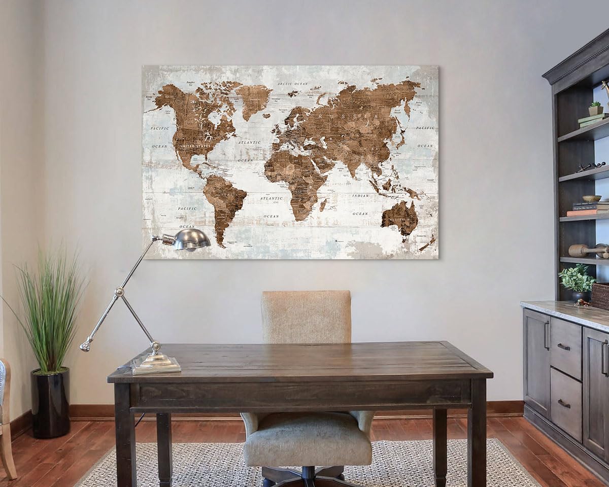 Large Wall Art Vintage Brown World Map Canvas Pictures for Men Home Office Bedroom Wall Decor for Living Room Oversize Artwork