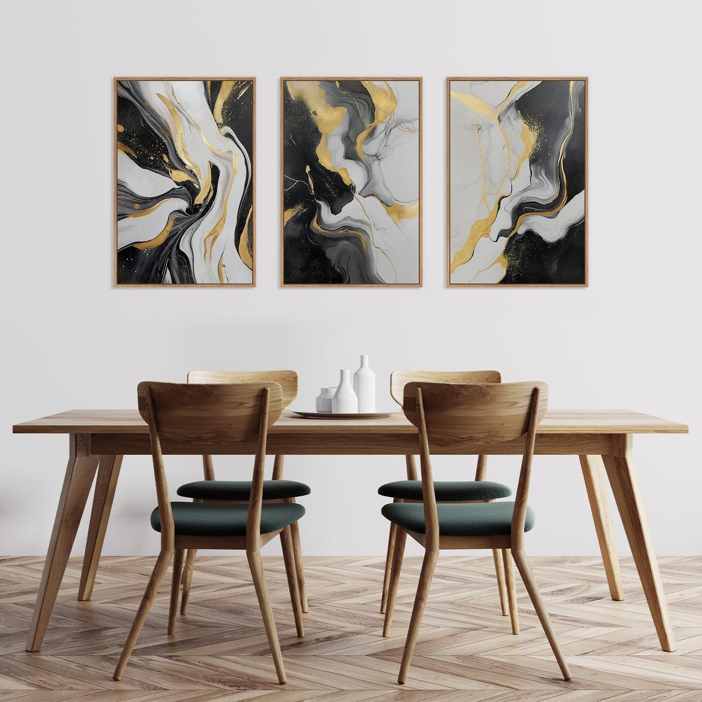 HLNIUC Abstract Gold and Black Framed Canvas Wall Art,Large Neutral Black and White Wall Decor Set of 3(16”x24”)Modern Gold Foil Framed Painting,Textured Marble Fluid Art Print for Living Room,Bedroom