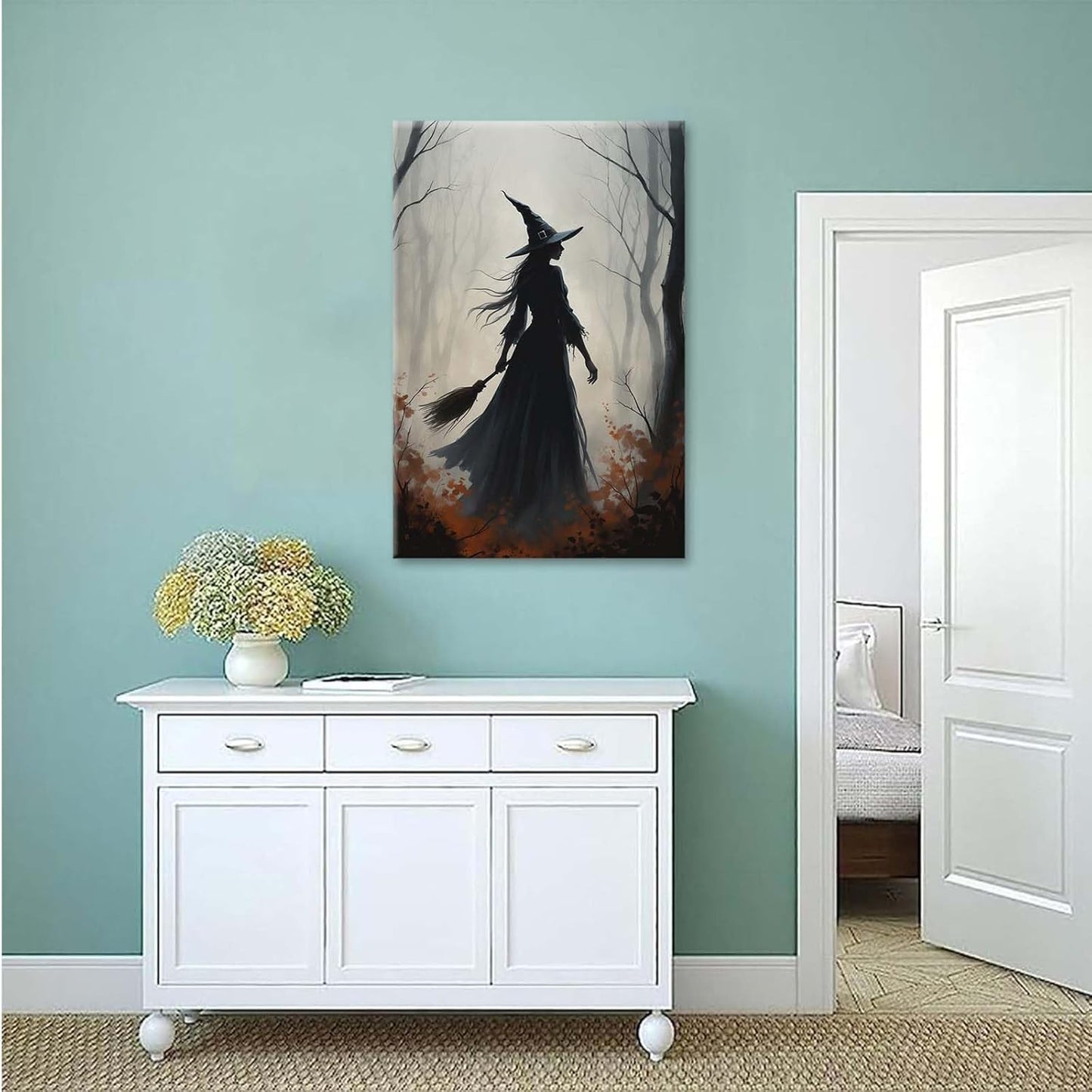 Vintage forest witch silhouette poster Halloween mural poster decoration mural art magic suitable for home living room bedroom24x36in Wood Framed