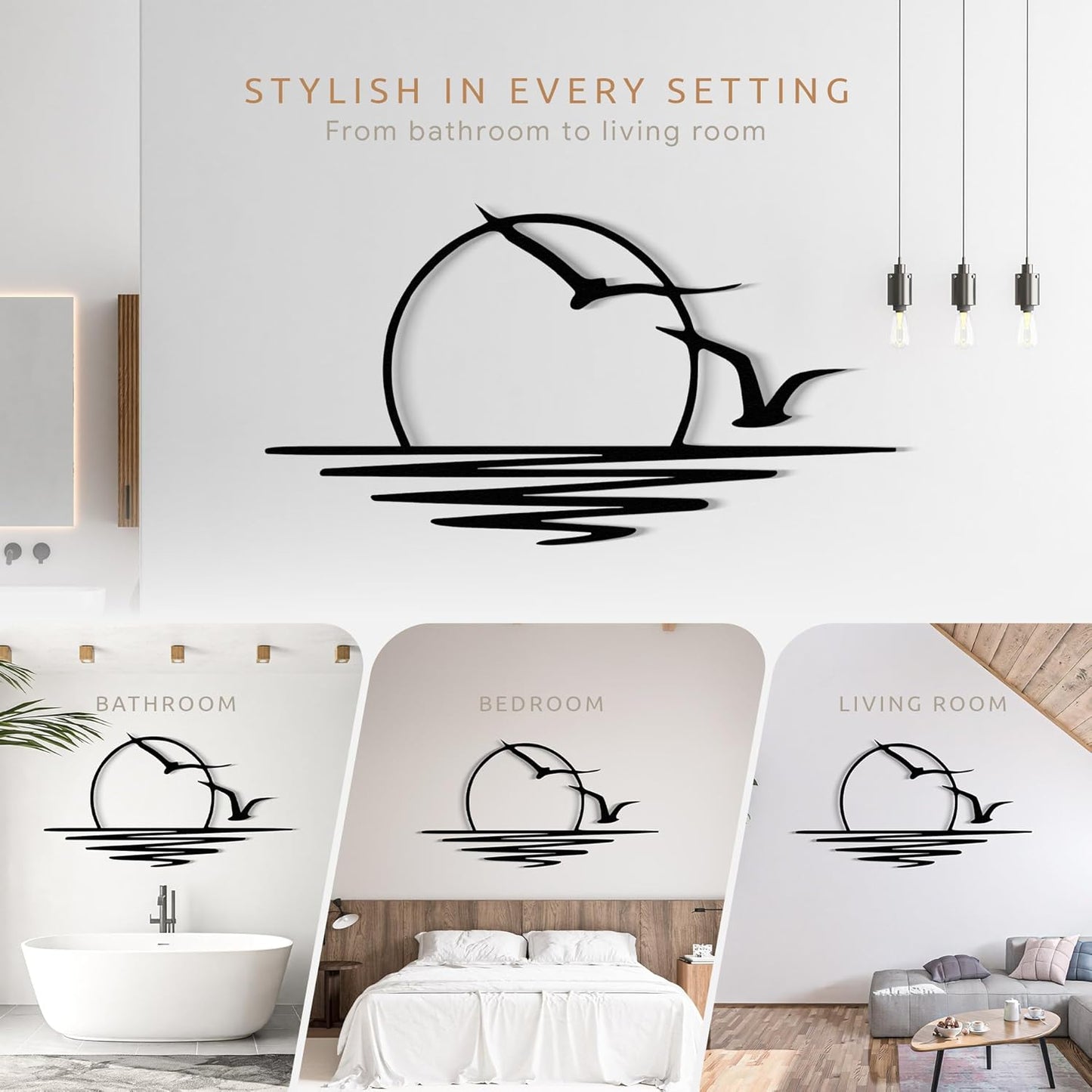 Wita Home Sunset with Seagulls Metal Wall Mounted Art, Handcrafted Metal Home Decor with Static Powder Coating, Eye-Catching Addition to Living Room Decor, Modern Beach Decor for Indoor and Outdoor Spaces, Perfect Housewarming Gift (18 x 9 inches)