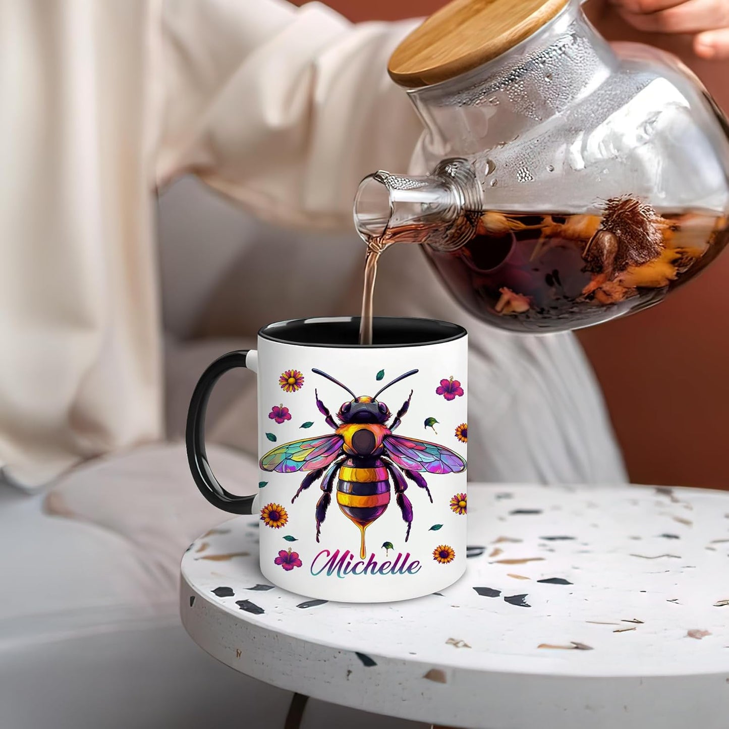 Hyturtle Personalized Colorful Bee Mug - Bee Keeper Gifts For Women Lovers Teacher - Honey Gifts For Beekeeper Farmer On Birthday - Queen Honeycomb Decor - Custom Coffee Cup Ceramic Mug 11 Oz 15 Oz