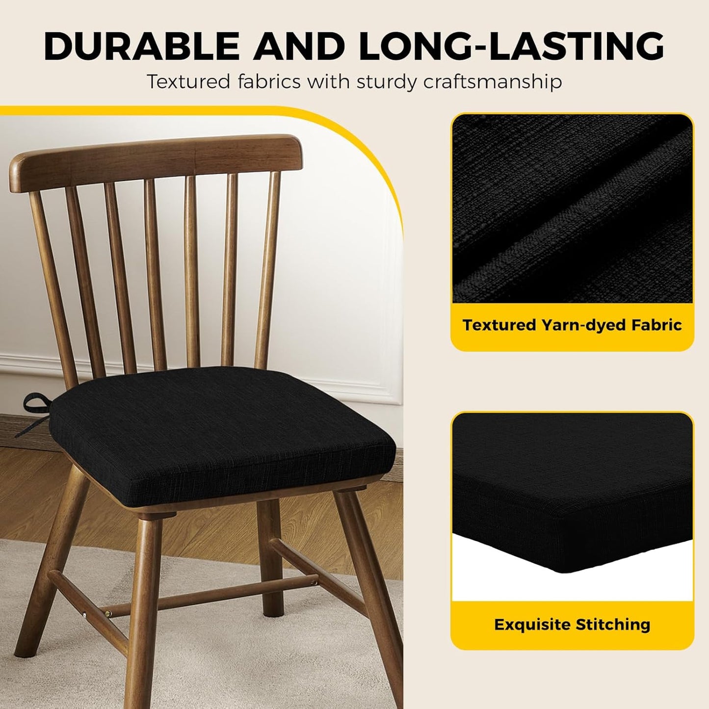 downluxe Indoor Chair Cushions for Dining Chairs, Soft and Comfortable Textured Foam Kitchen Chair Pads with Ties and Non-Slip Backing, 16" x 16" x 2", Black, 4 Pack