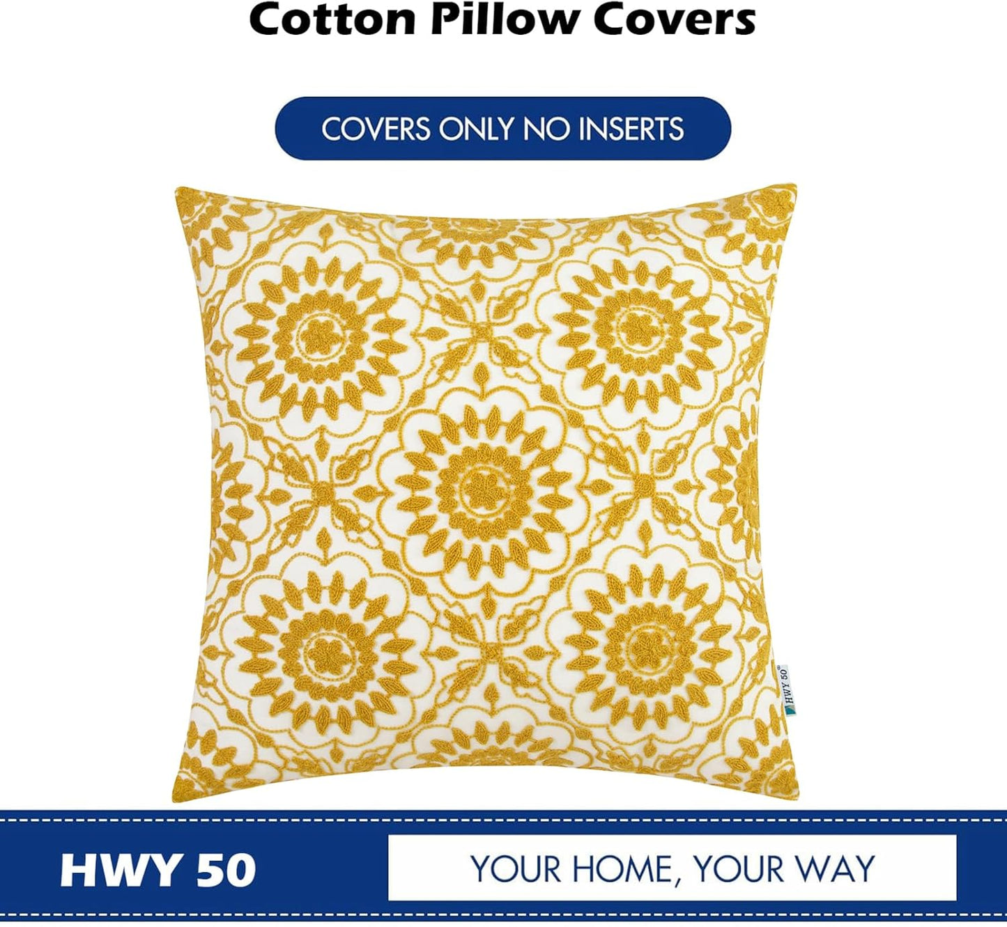 HWY 50 Yellow Decorative Throw Pillow Covers 18x18 Inch (1 Piece), Embroidered Cotton Farmhouse Cushion Cover Pillow Case for Sofa Couch Living Room Bed, Little Sunflower