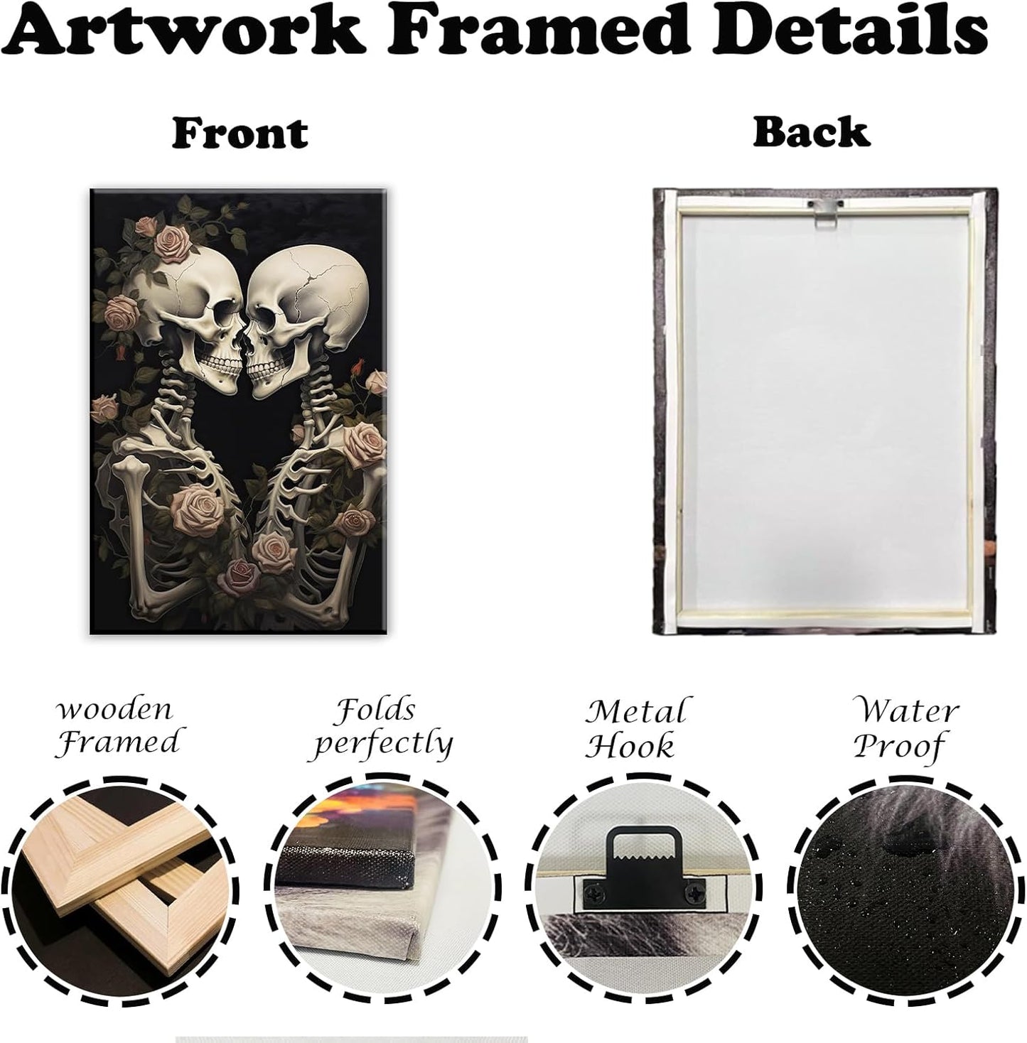 OAAPITI Vintage Skeleton Canvas Wall Art Gothic Painting Artwork Retro Rose Skull Art Poster Abstract Romantic Theme Picture Halloween Living Room Decor(Artwork-4,12"x18")