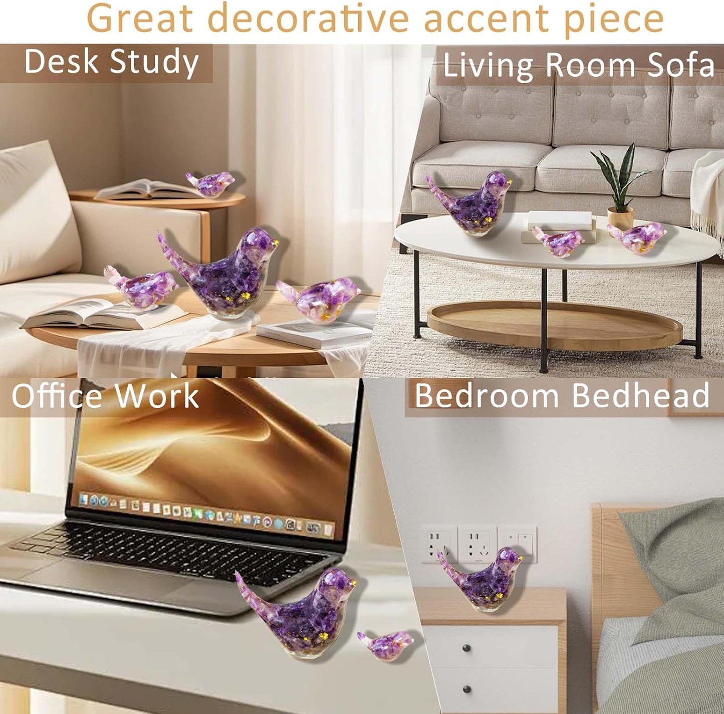 Crystal Bird Figurines, Resin Animal Statues, Miniature Decorative Gravel Birds, Home Decor (4PCS-Amethyst)