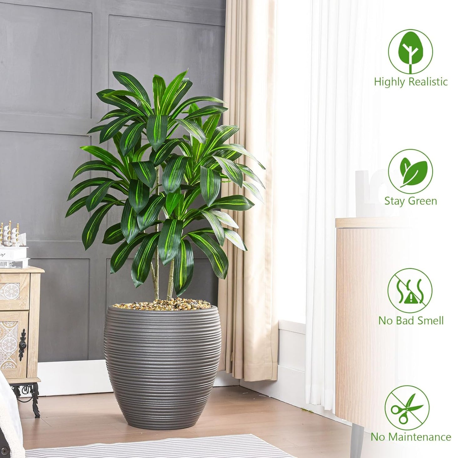 Artificial Dracaena Tree Artificial Silk Tree Faux Tree with White Tall Planter Fake Tropical Yucca Floor Plant (2, White Planter, 4 FT)